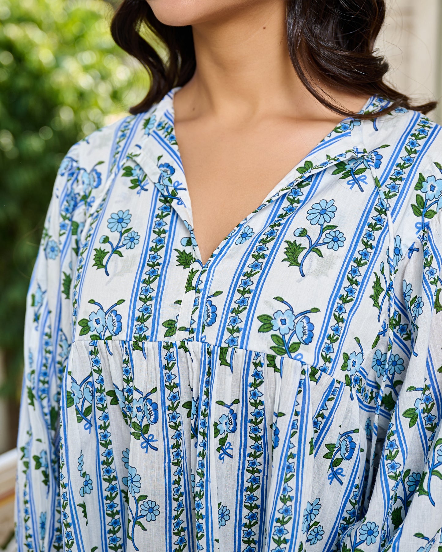 Hand Block Printed Cotton Peplum Top V Neck with Tie Up, 3/4 Sleeves