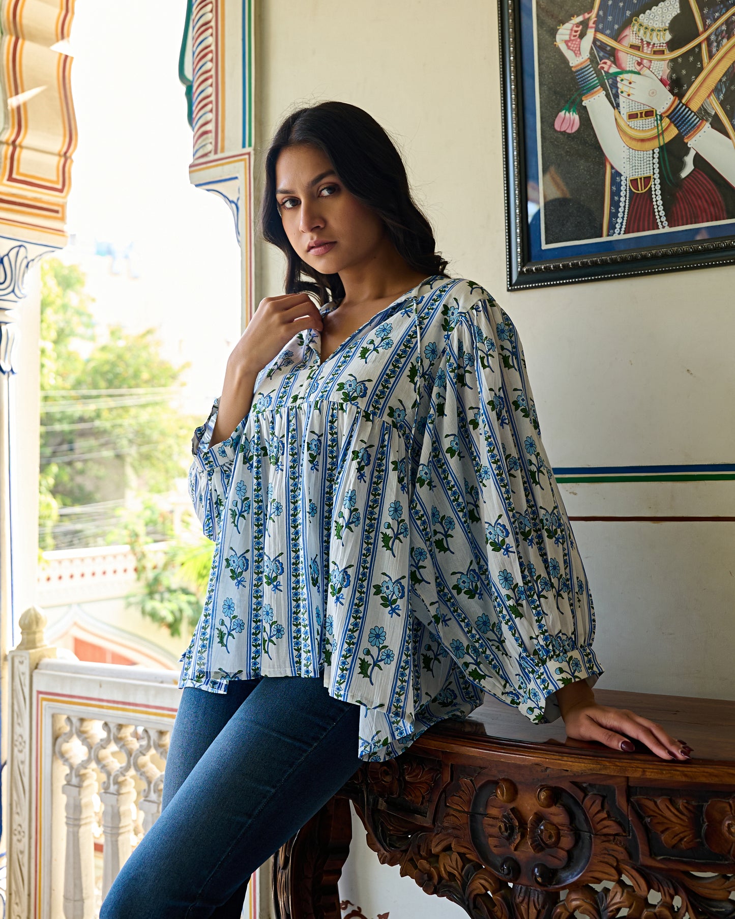 Hand Block Printed Cotton Peplum Top V Neck with Tie Up, 3/4 Sleeves