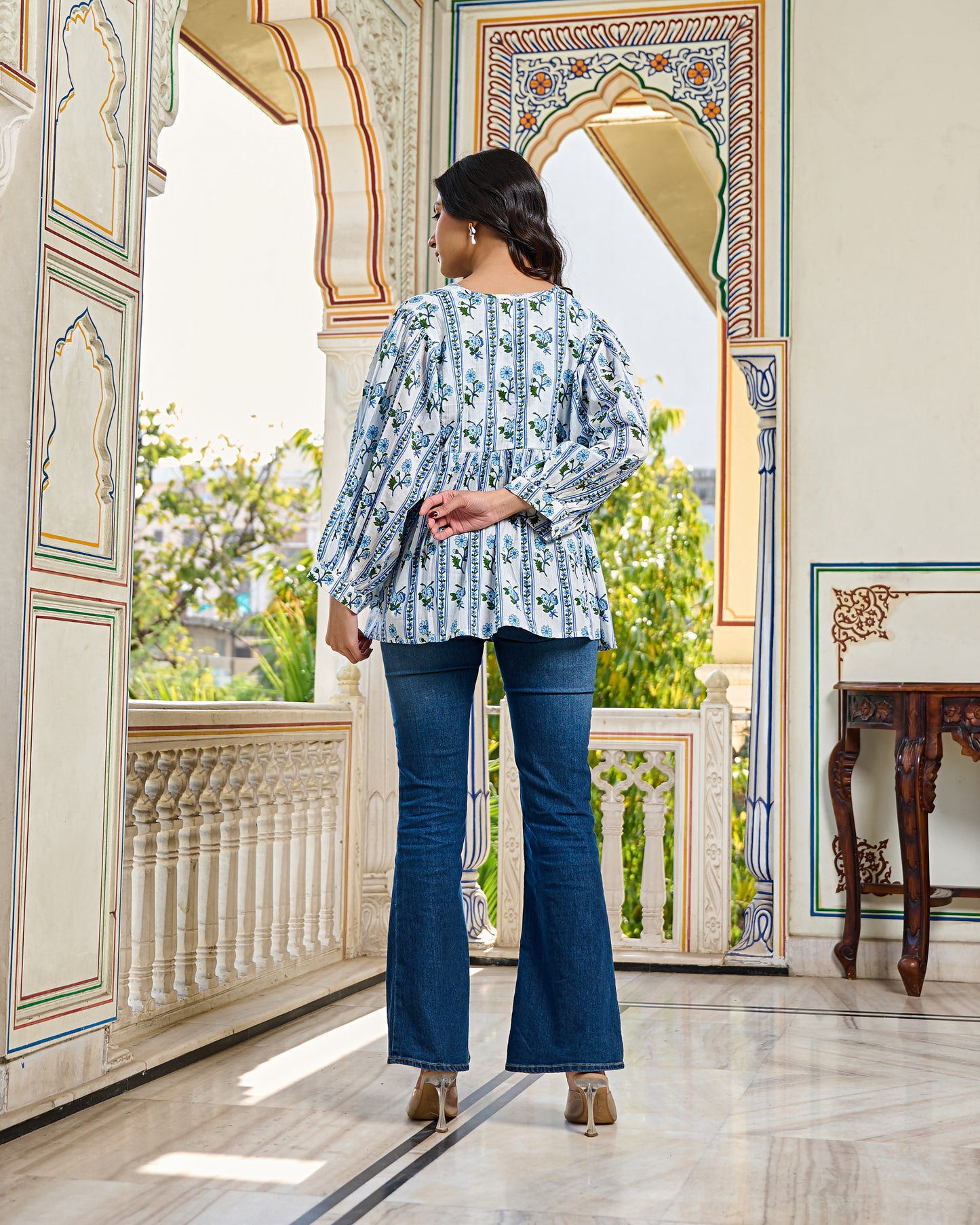 Hand Block Printed Cotton Peplum Top V Neck with Tie Up, 3/4 Sleeves