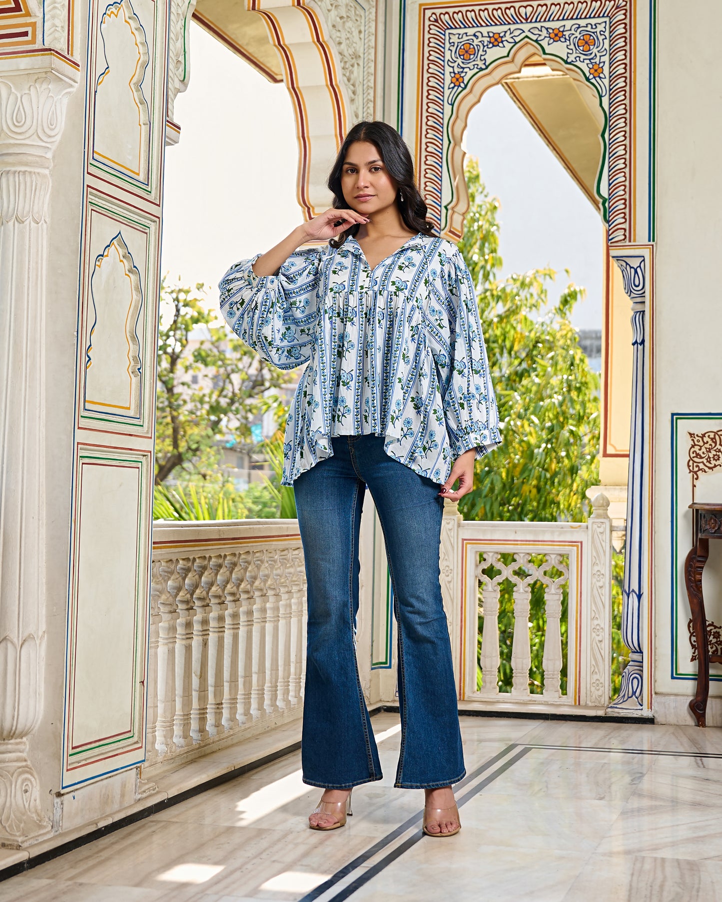 Hand Block Printed Cotton Peplum Top V Neck with Tie Up, 3/4 Sleeves
