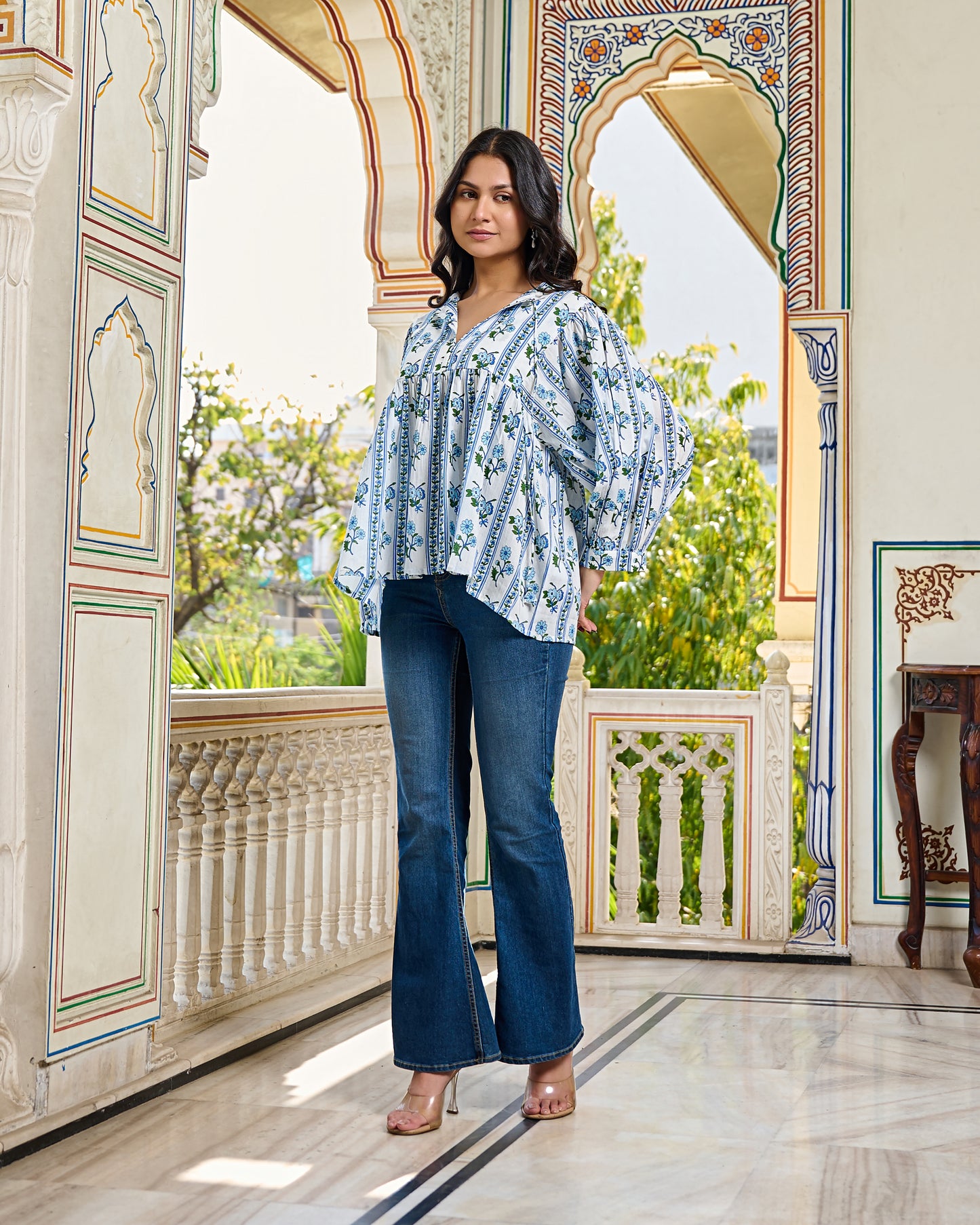 Hand Block Printed Cotton Peplum Top V Neck with Tie Up, 3/4 Sleeves