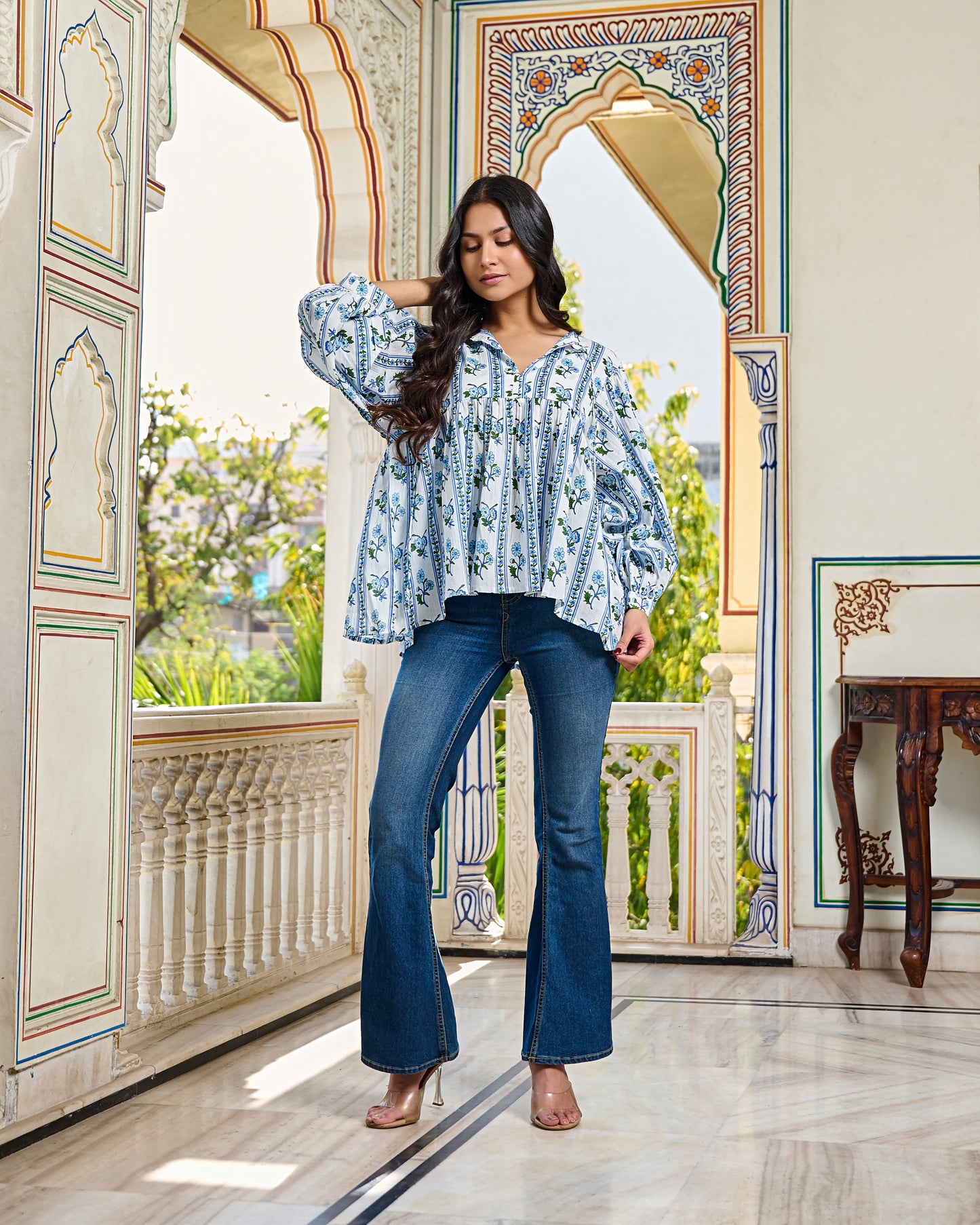 Hand Block Printed Cotton Peplum Top V Neck with Tie Up, 3/4 Sleeves