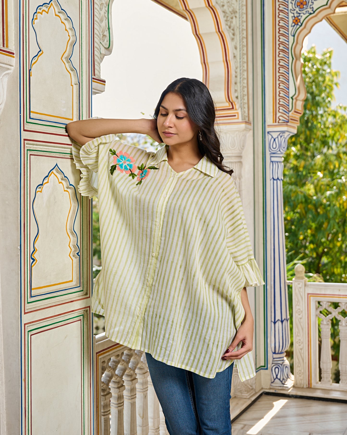 Hand Block Printed Cotton Striped Shirt Hand Embroidered Floral Detail, Ruffle Sleeves