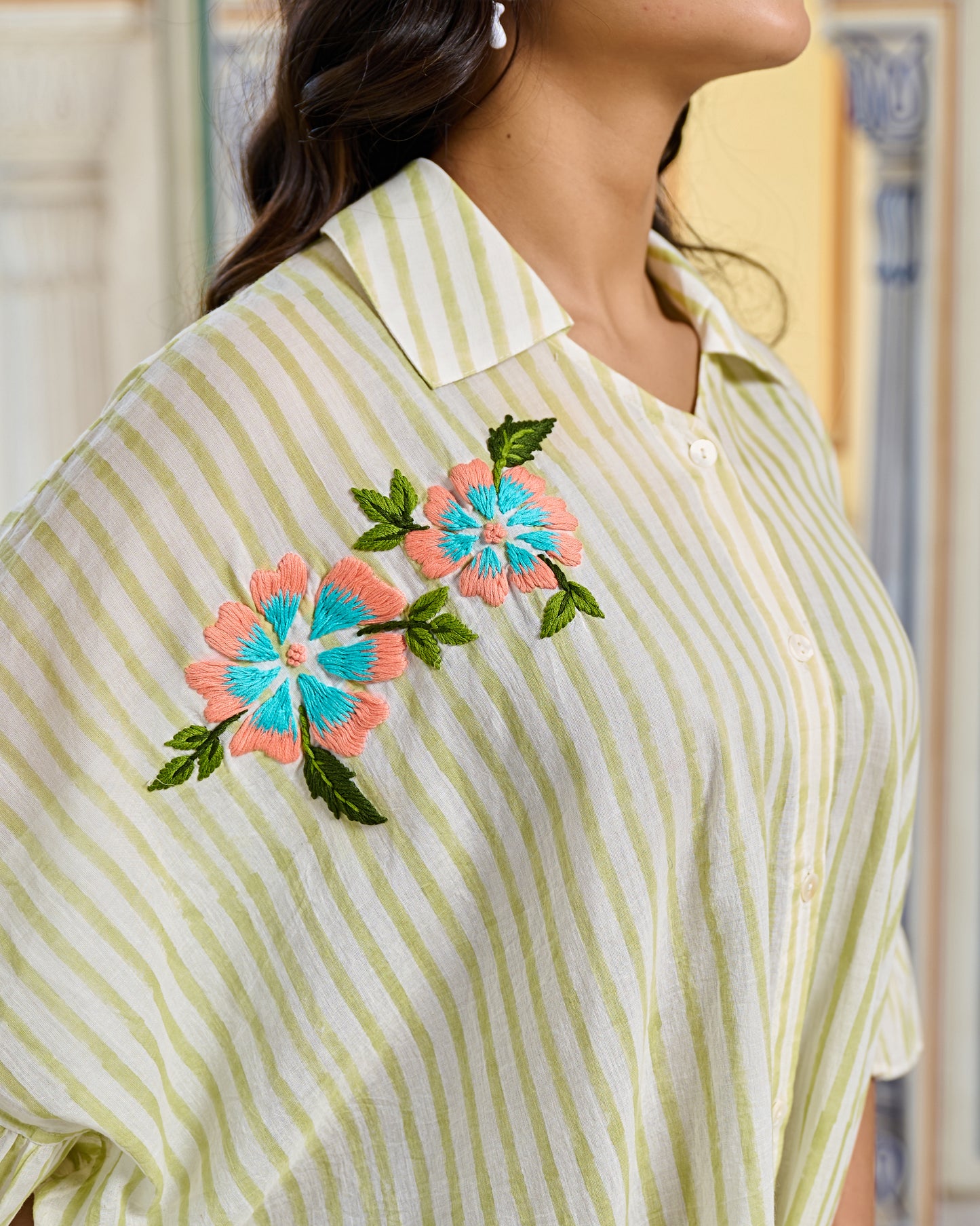 Hand Block Printed Cotton Striped Shirt Hand Embroidered Floral Detail, Ruffle Sleeves