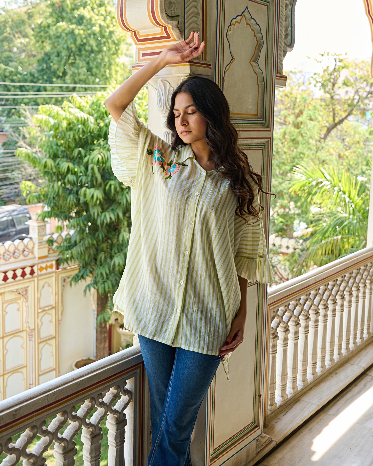 Hand Block Printed Cotton Striped Shirt Hand Embroidered Floral Detail, Ruffle Sleeves