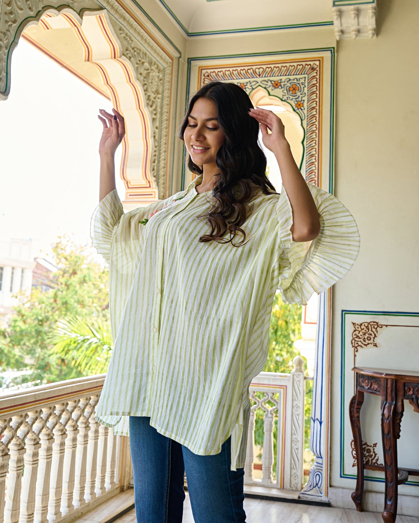 Hand Block Printed Cotton Striped Shirt Hand Embroidered Floral Detail, Ruffle Sleeves