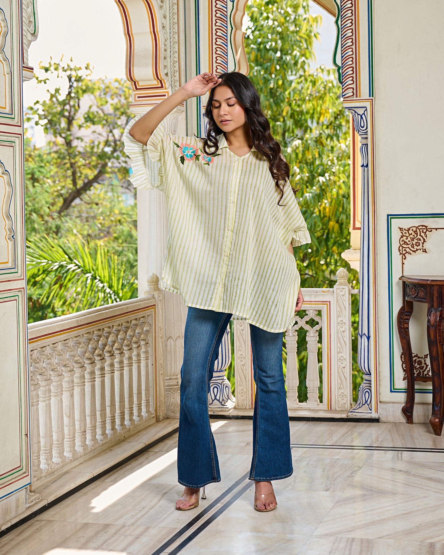 Hand Block Printed Cotton Striped Shirt Hand Embroidered Floral Detail, Ruffle Sleeves
