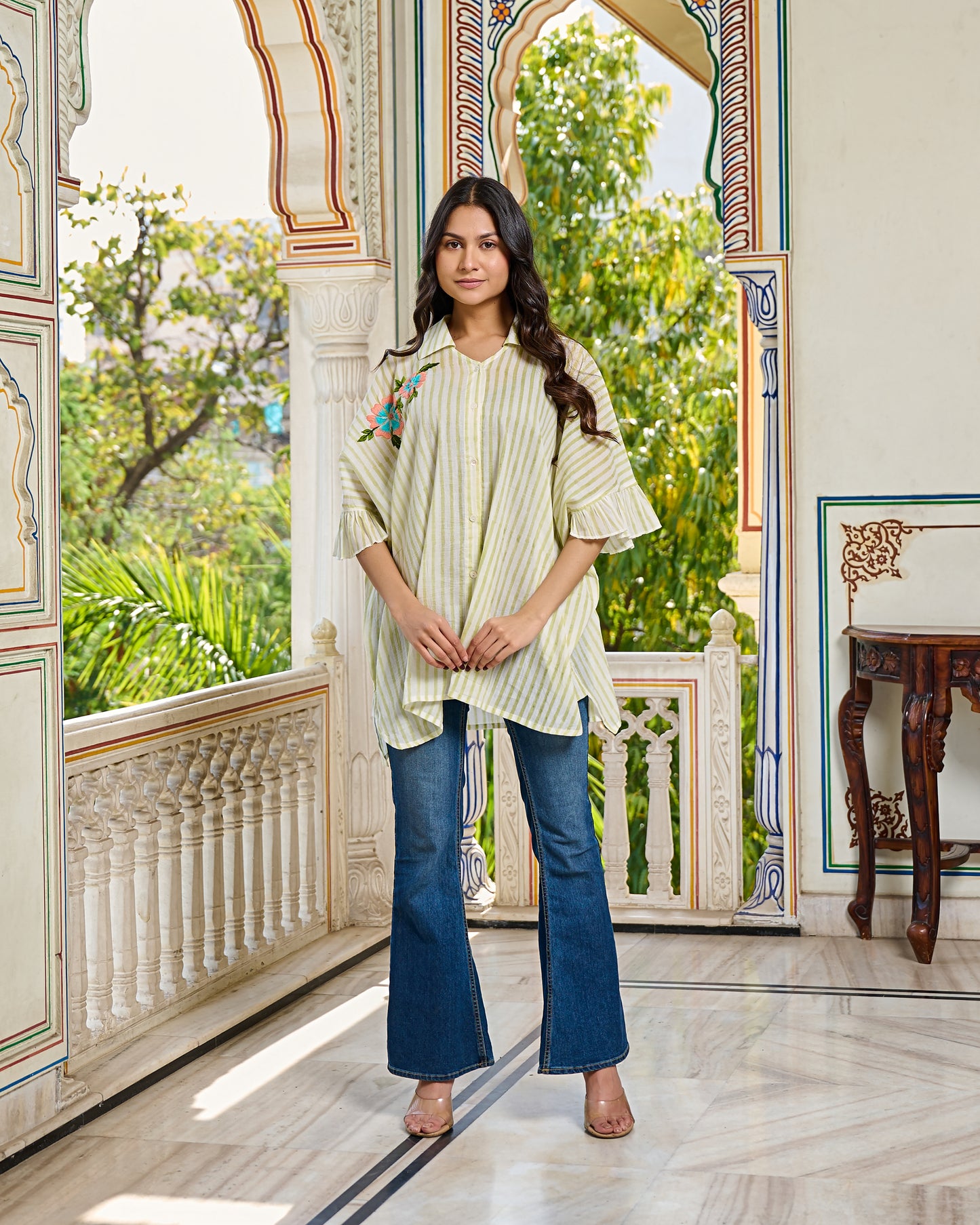 Hand Block Printed Cotton Striped Shirt Hand Embroidered Floral Detail, Ruffle Sleeves