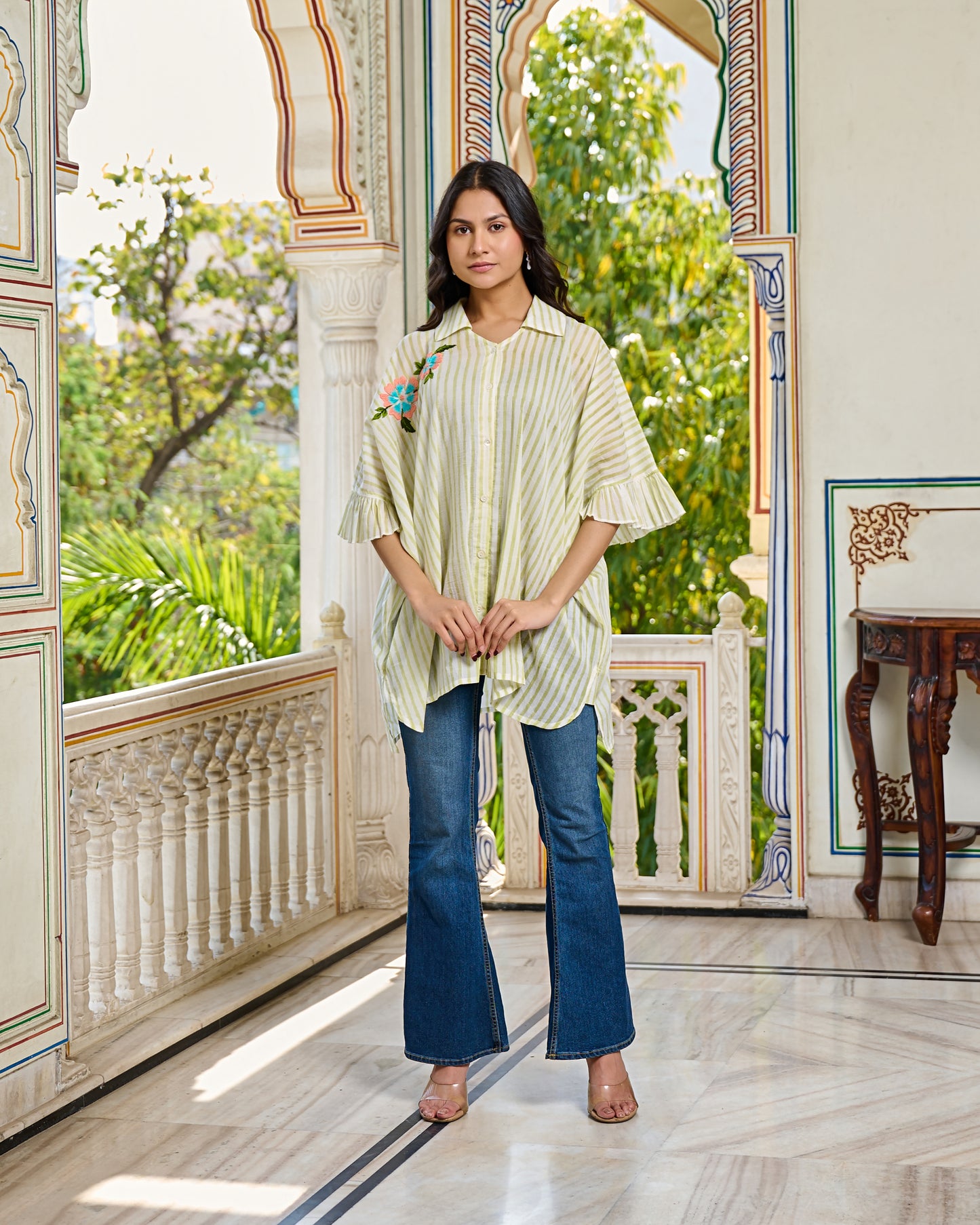 Hand Block Printed Cotton Striped Shirt Hand Embroidered Floral Detail, Ruffle Sleeves