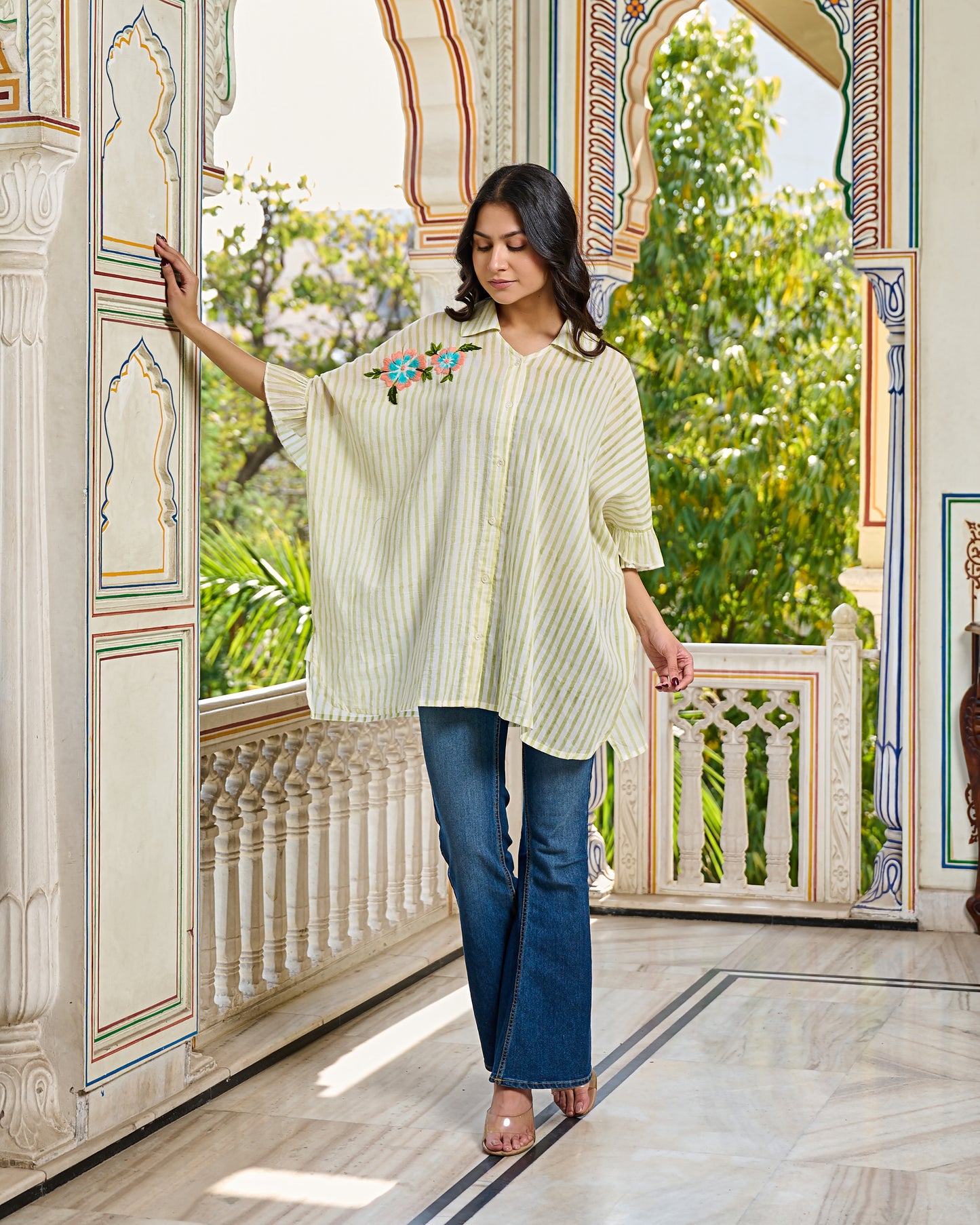 Hand Block Printed Cotton Striped Shirt Hand Embroidered Floral Detail, Ruffle Sleeves