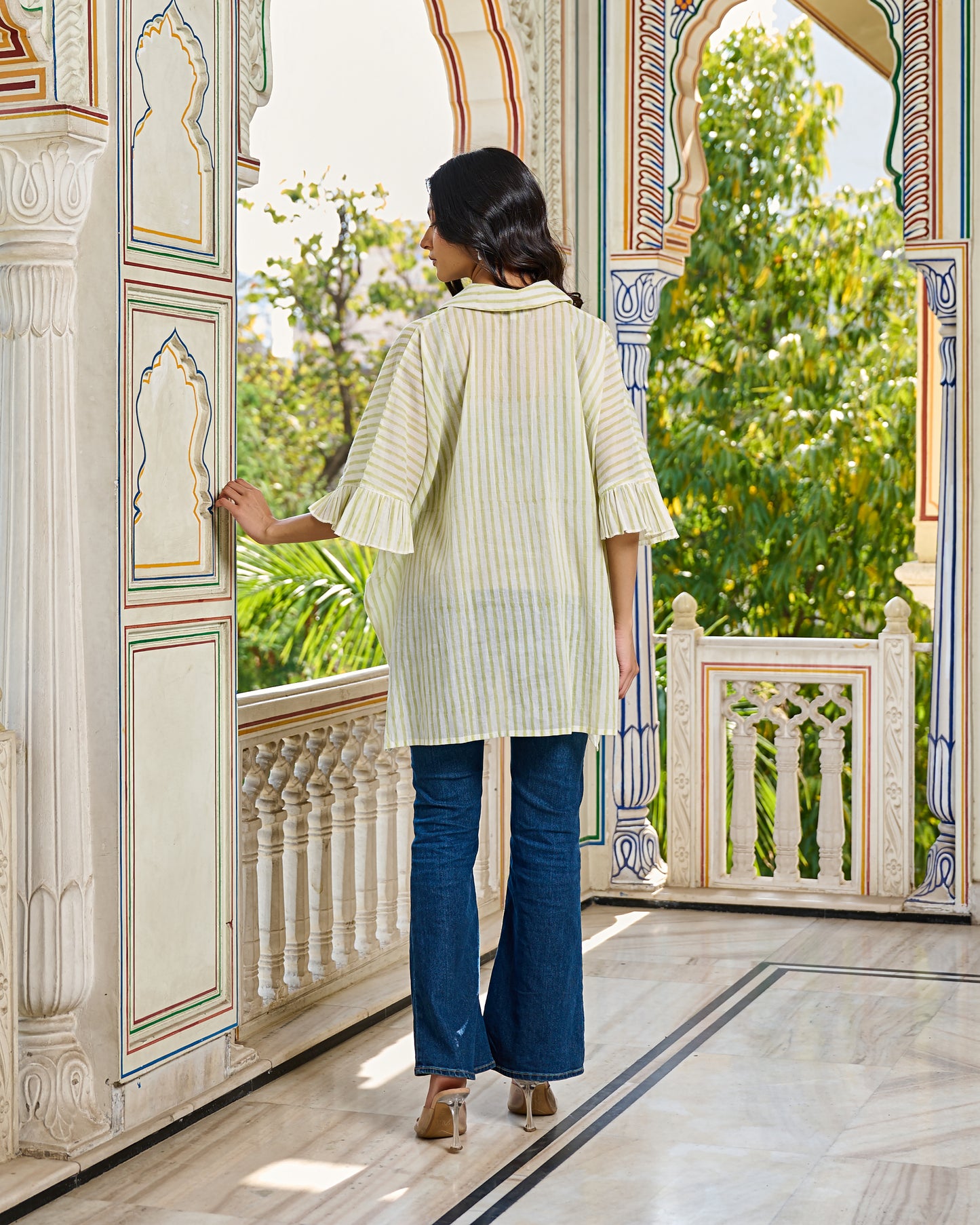 Hand Block Printed Cotton Striped Shirt Hand Embroidered Floral Detail, Ruffle Sleeves
