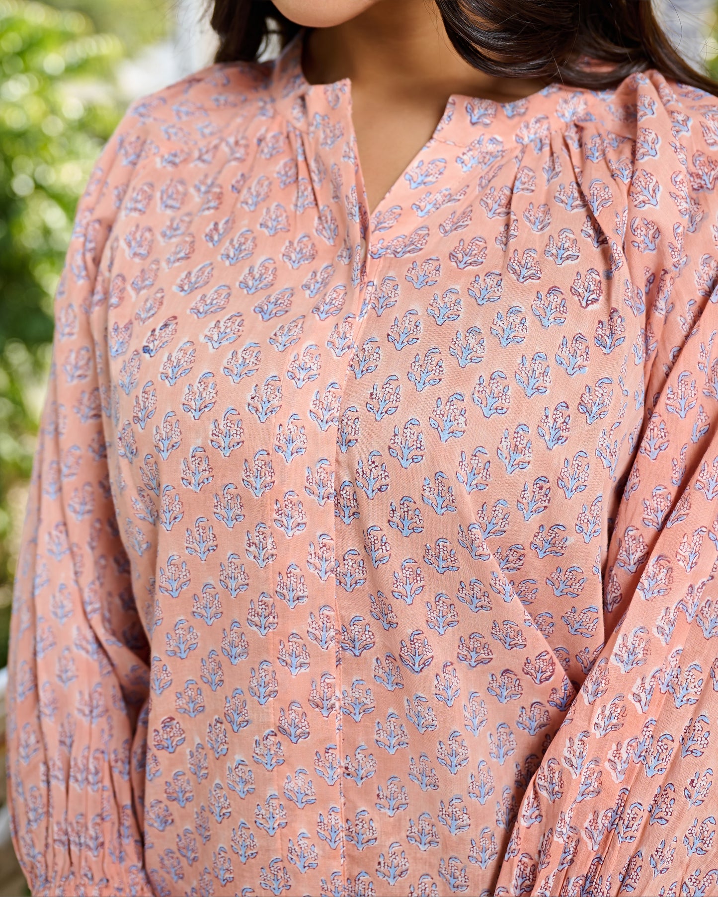 Hand Block Printed Cotton Blouse Peach, Flared Sleeves with Lace Detail