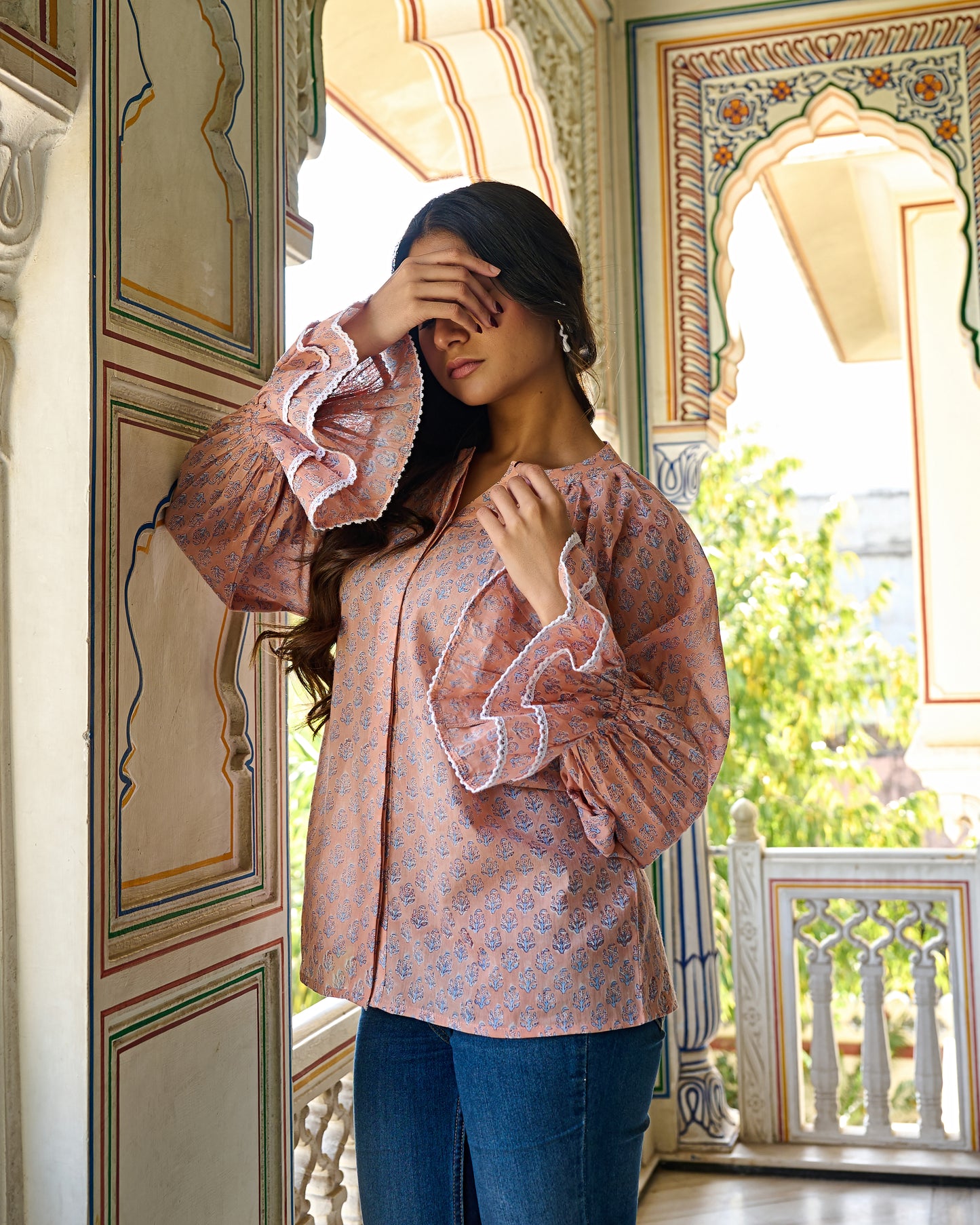 Hand Block Printed Cotton Blouse Peach, Flared Sleeves with Lace Detail