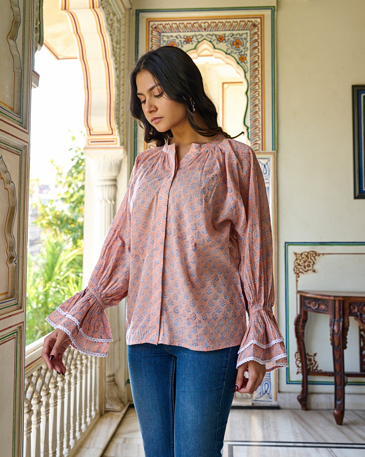 Hand Block Printed Cotton Blouse Peach, Flared Sleeves with Lace Detail