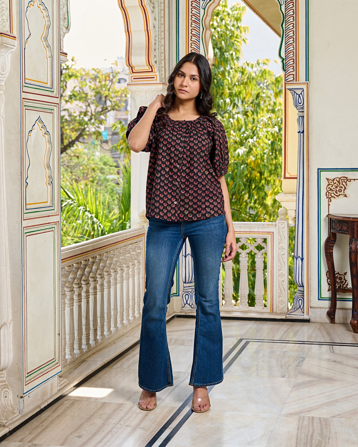 Hand Block Printed Cotton Women Top Black, Floral Print, Puff Sleeves