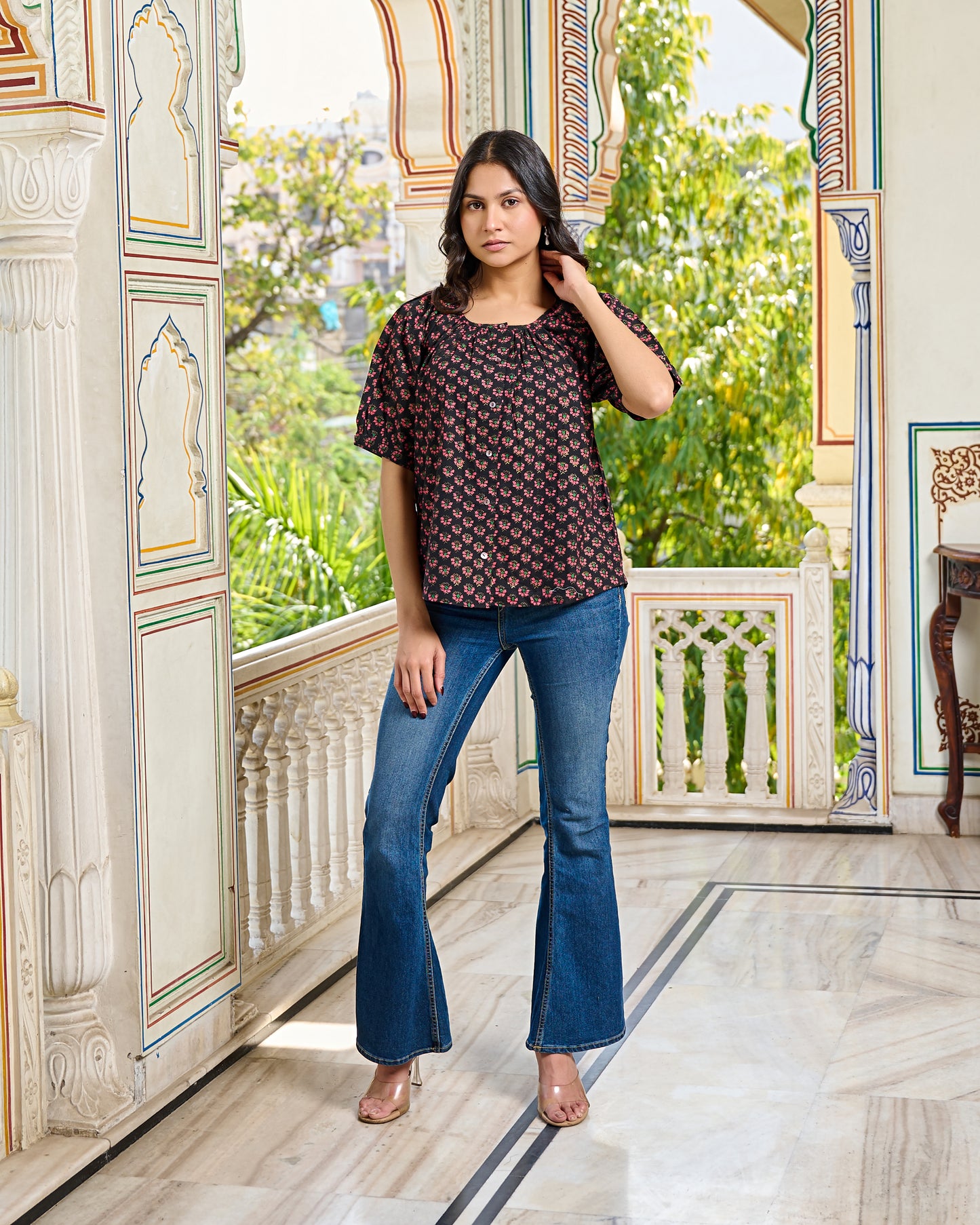 Hand Block Printed Cotton Women Top Black, Floral Print, Puff Sleeves