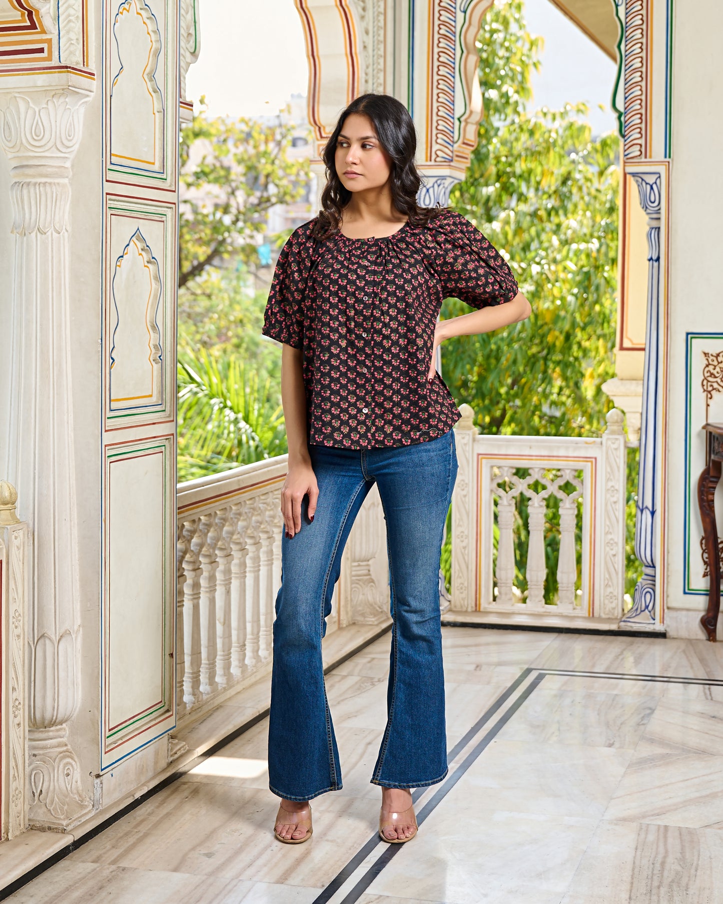 Hand Block Printed Cotton Women Top Black, Floral Print, Puff Sleeves