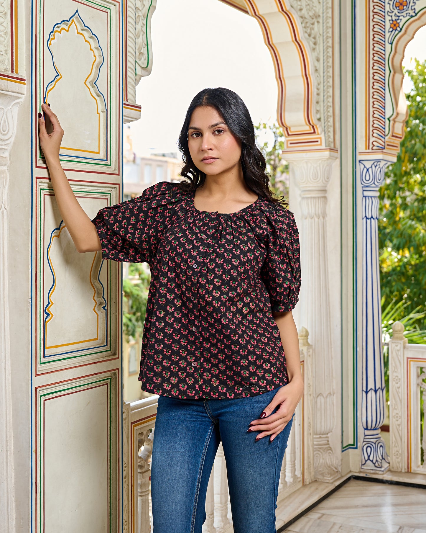 Hand Block Printed Cotton Women Top Black, Floral Print, Puff Sleeves