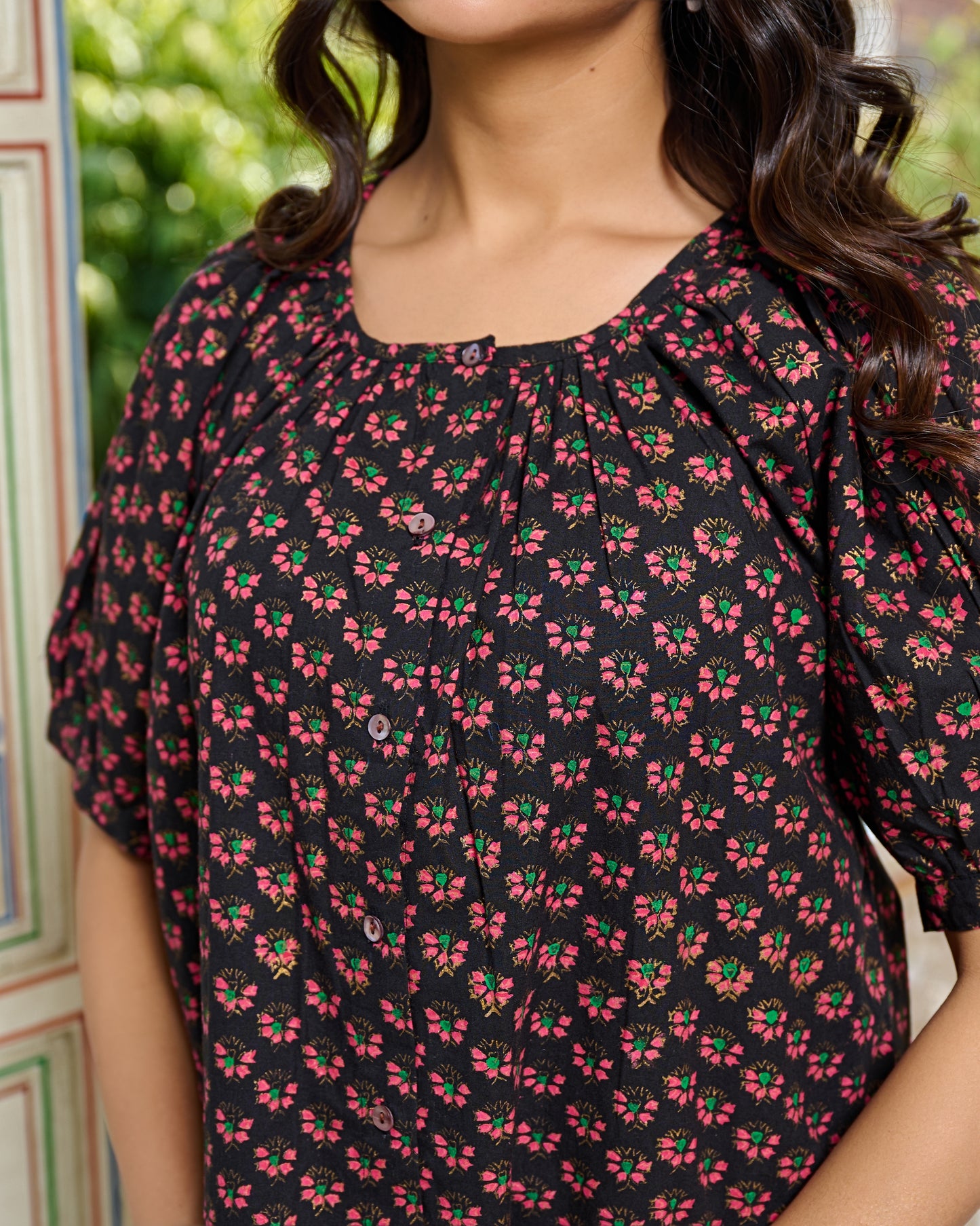 Hand Block Printed Cotton Women Top Black, Floral Print, Puff Sleeves