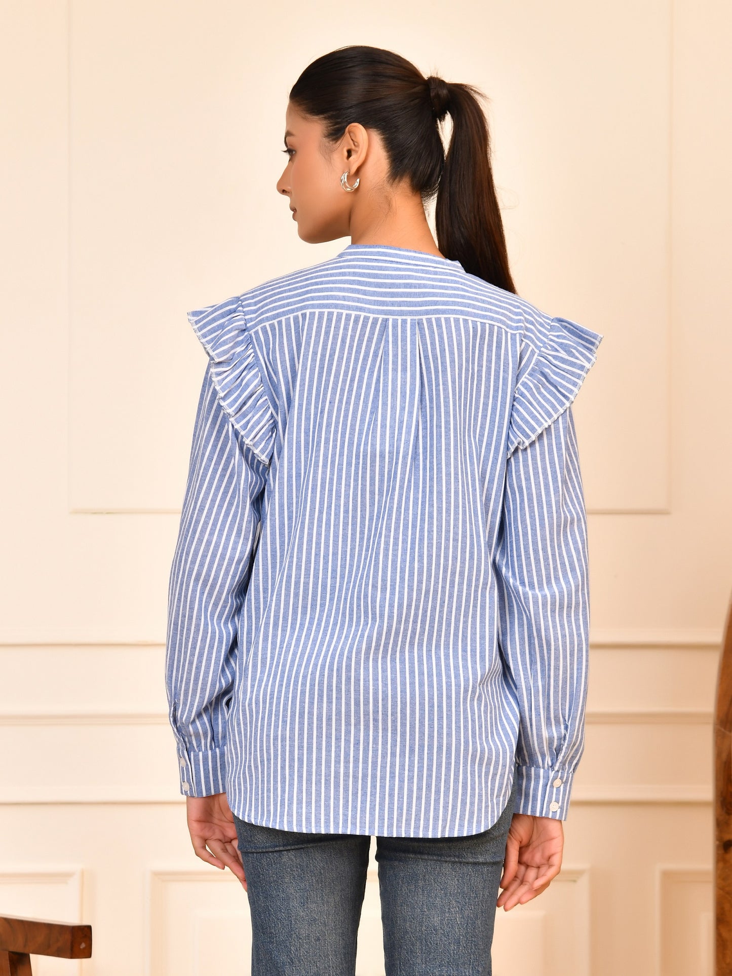 Blue & White Striped Cotton Lace Detail Blouse Full Sleeves with Ruffle Design