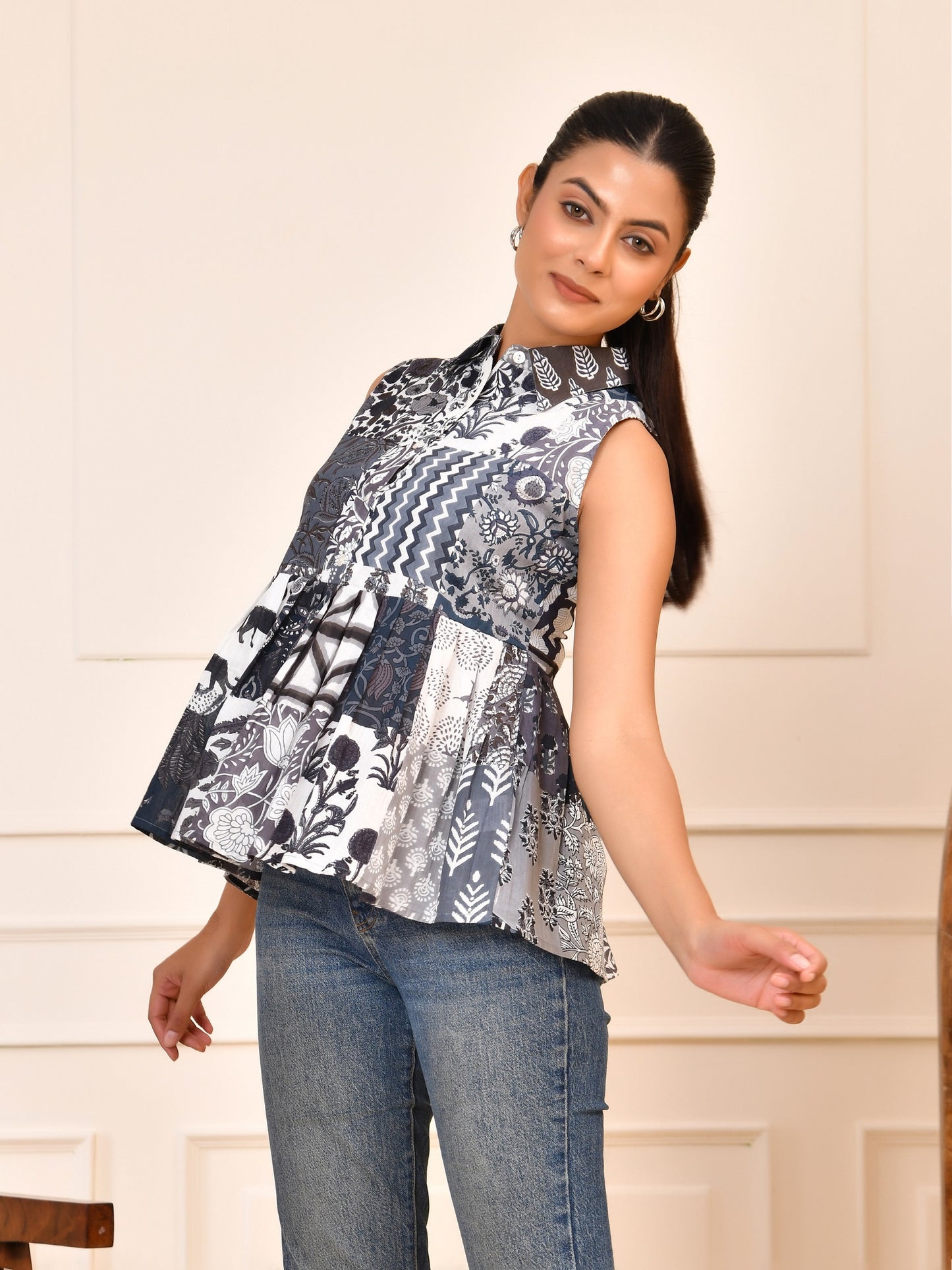 Hand Block Print Patchwork Peplum Cotton Top | Sleeveless Cotton Shirt for women