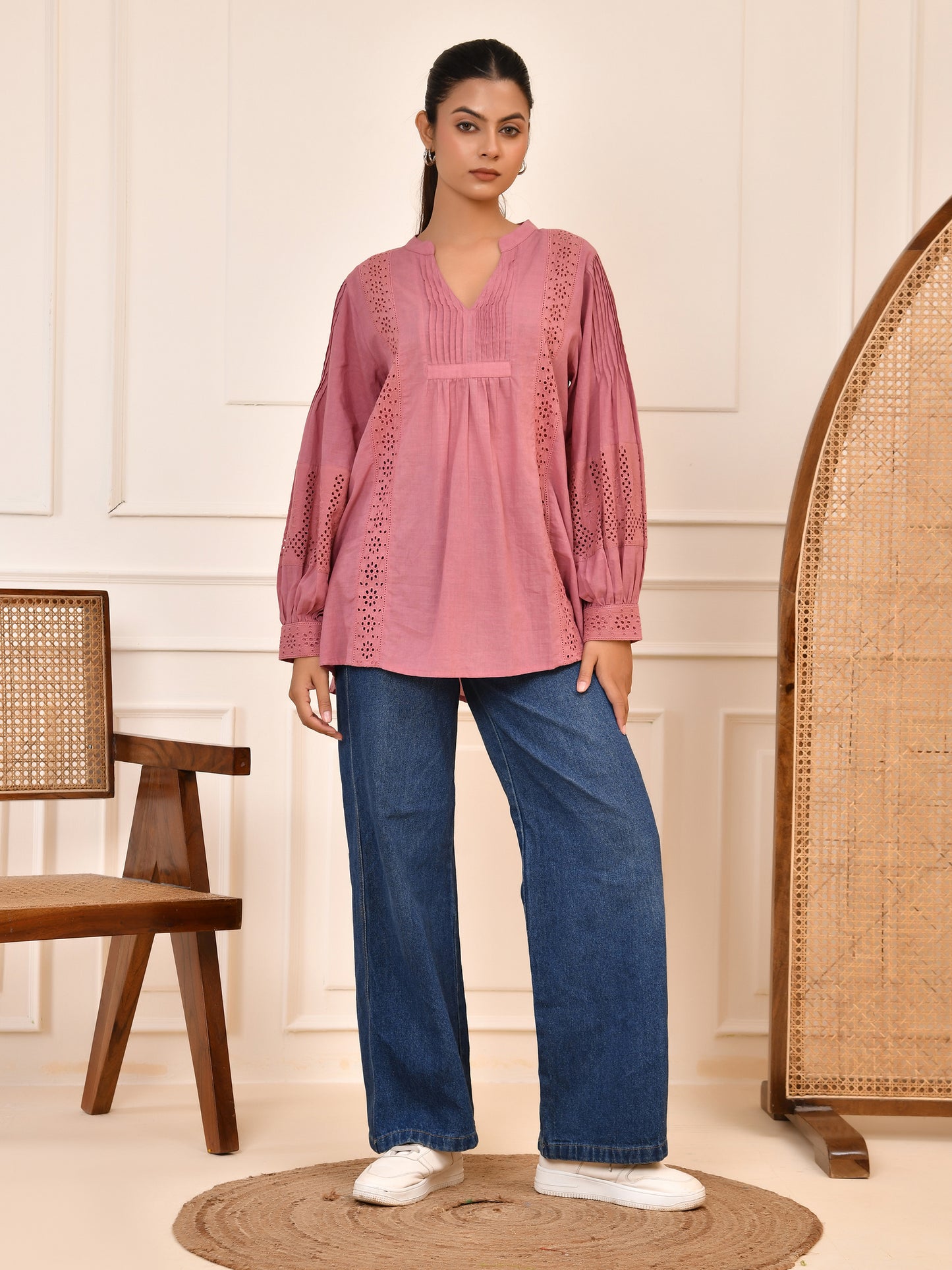 Dusty Pink Cotton Lace Detail Blouse – Pintuck Front & Full Balloon Sleeves Top