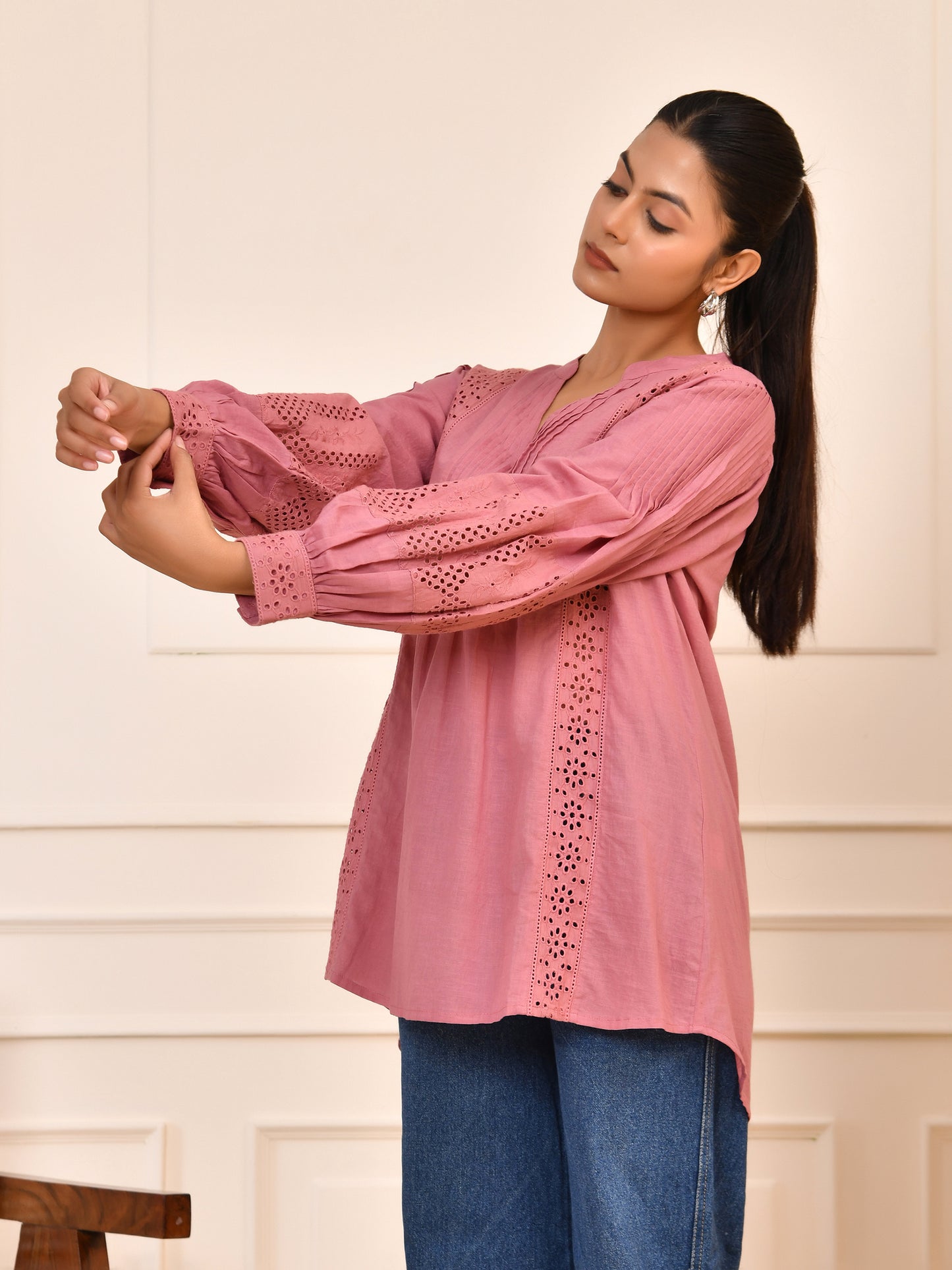 Dusty Pink Cotton Lace Detail Blouse – Pintuck Front & Full Balloon Sleeves Top