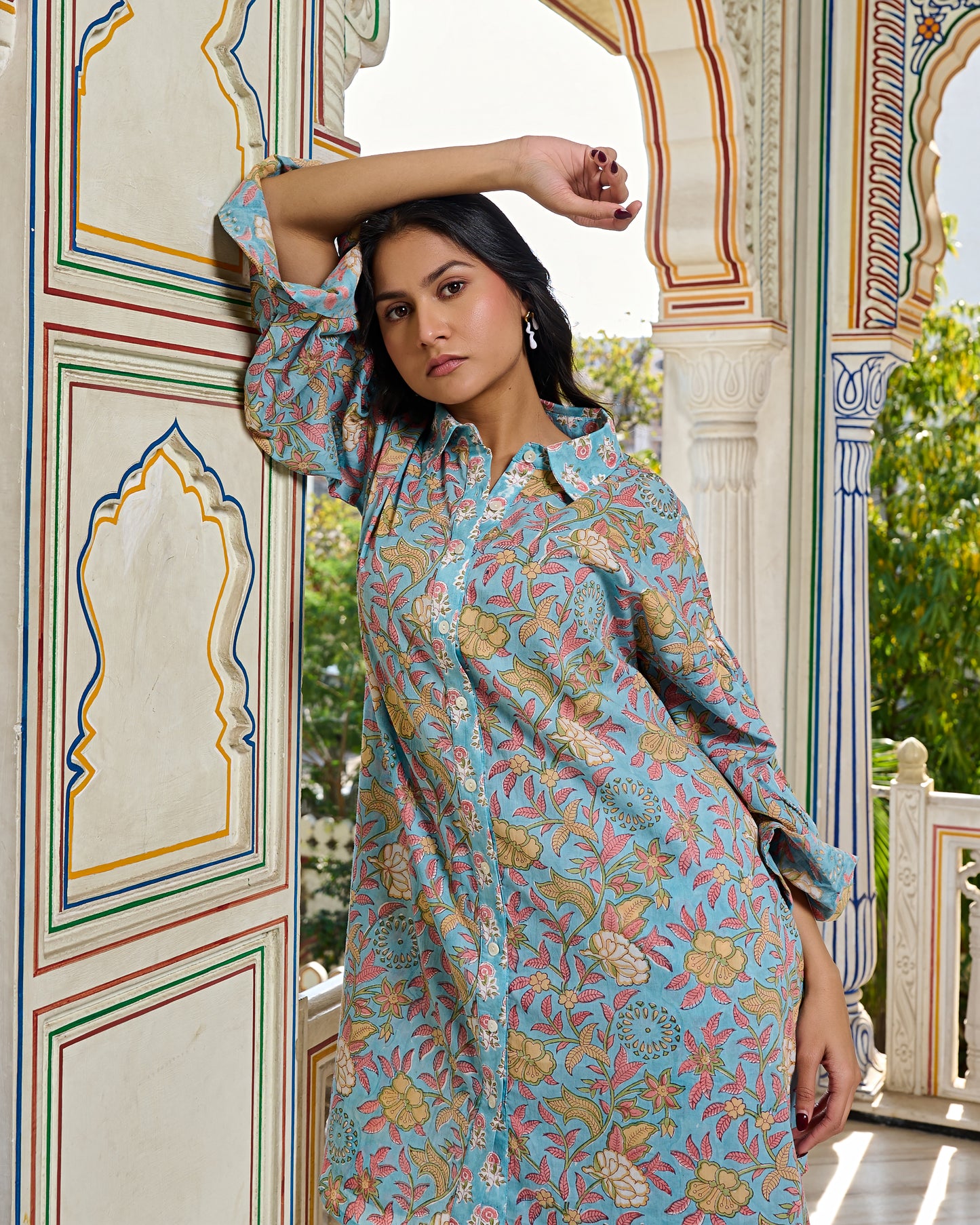 Hand Block Printed Cotton Co-ord Set Oversized Shirt & Wide-Leg Pants