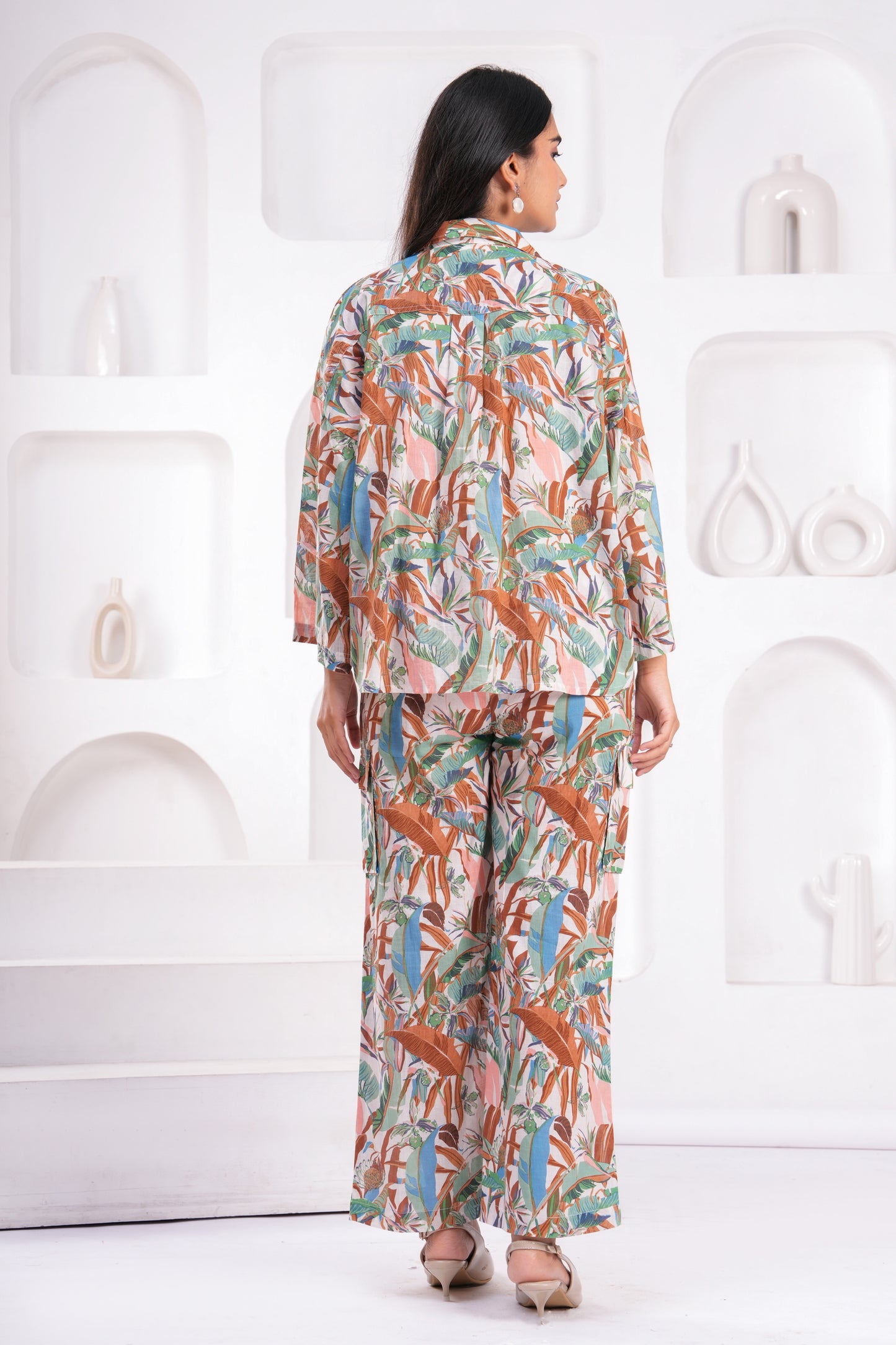 Tropical Leaf Hand Block Print Cotton Co-ord Set – Relaxed Fit with Flared Sleeves