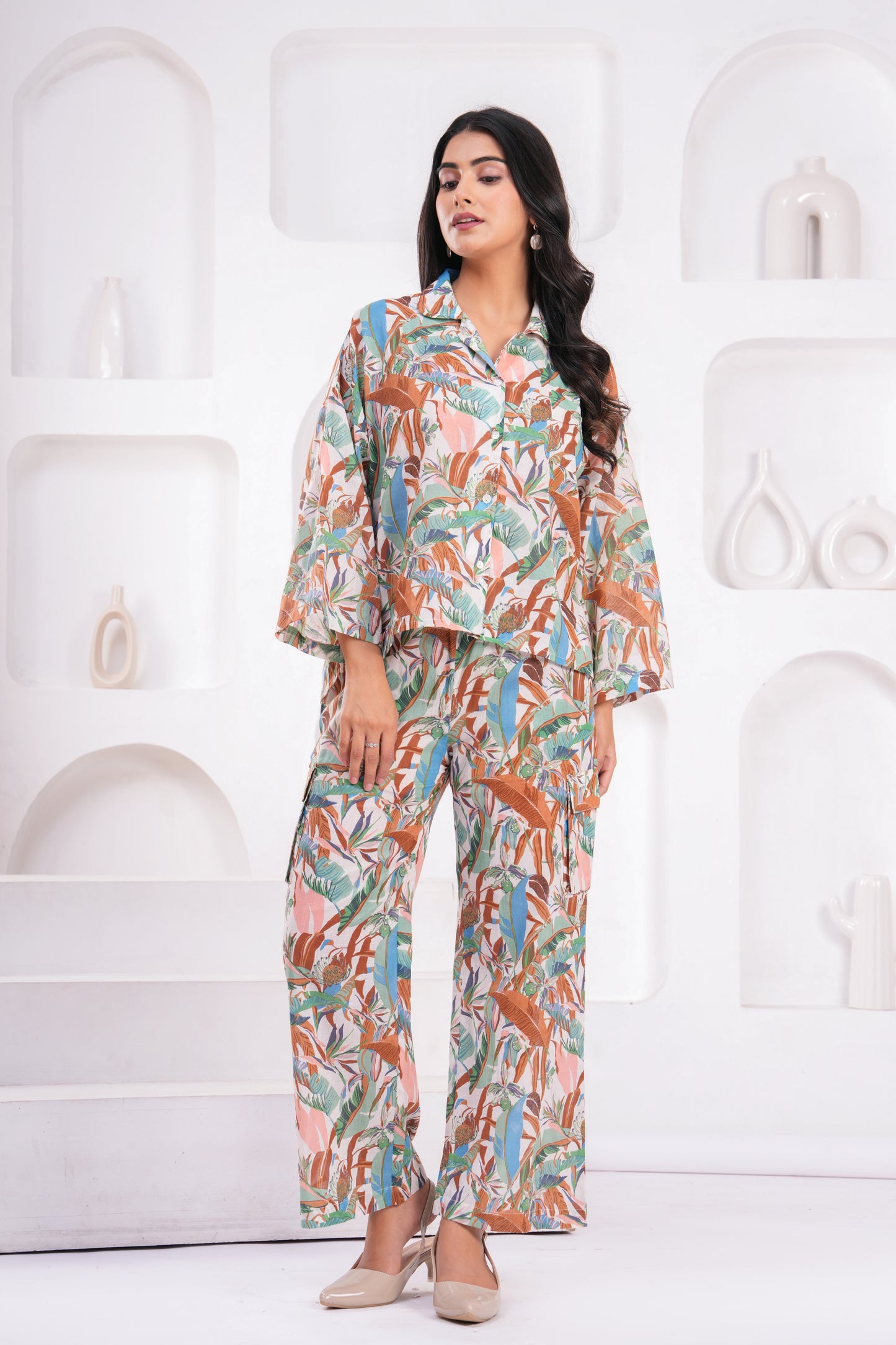 Tropical Leaf Hand Block Print Cotton Co-ord Set – Relaxed Fit with Flared Sleeves