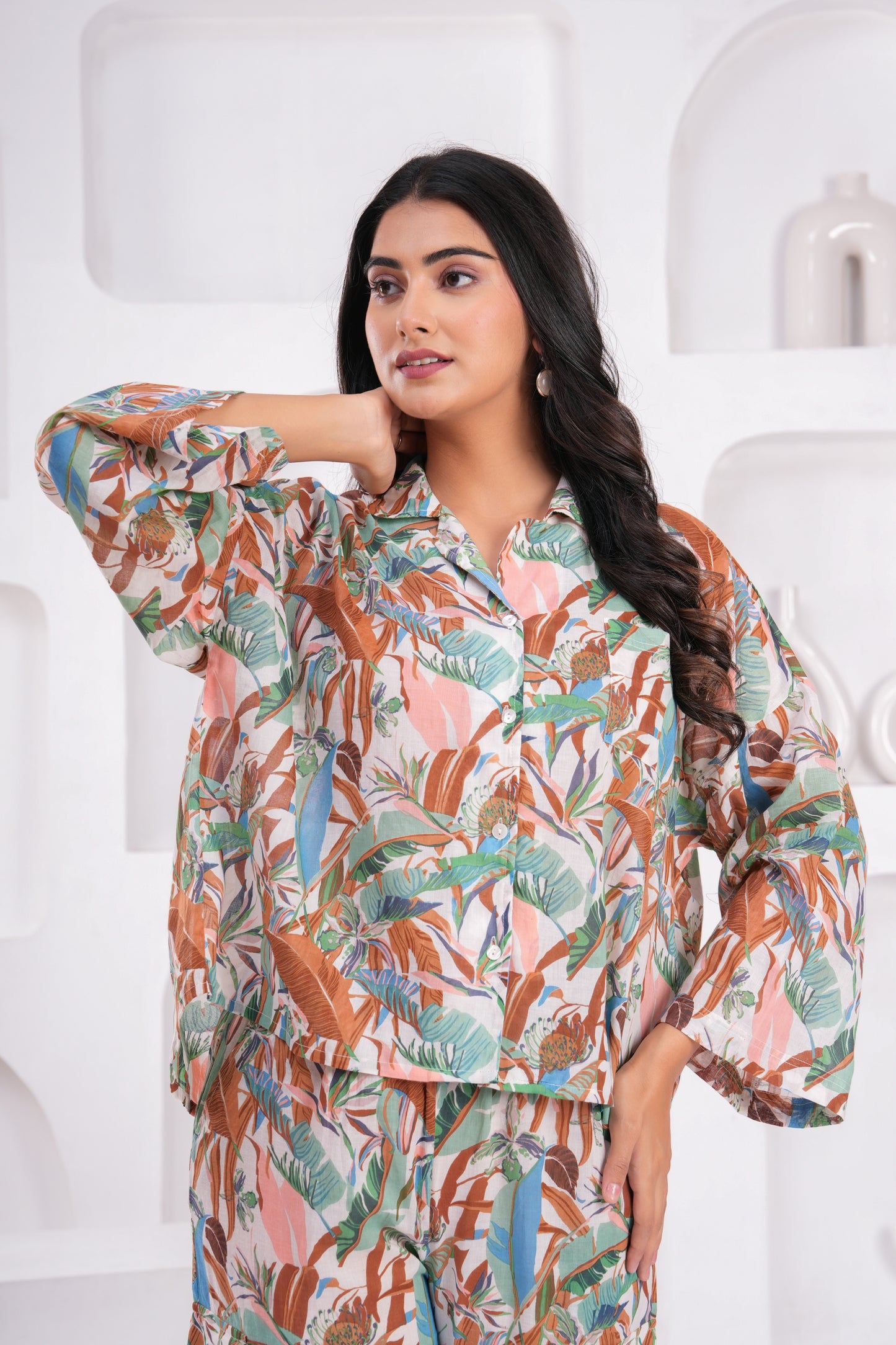 Tropical Leaf Hand Block Print Cotton Co-ord Set – Relaxed Fit with Flared Sleeves