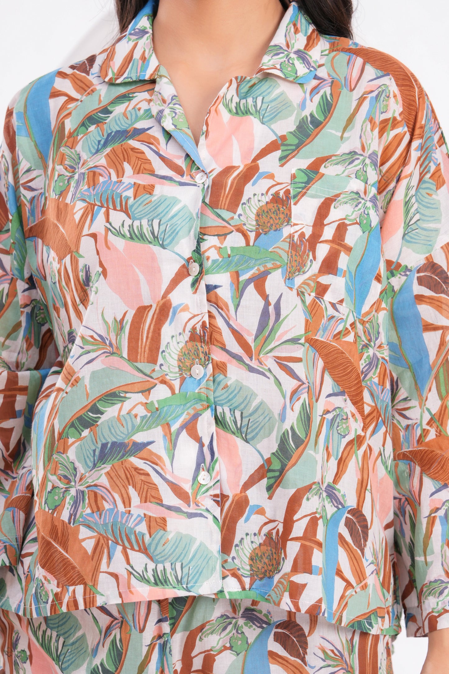 Tropical Leaf Hand Block Print Cotton Co-ord Set – Relaxed Fit with Flared Sleeves