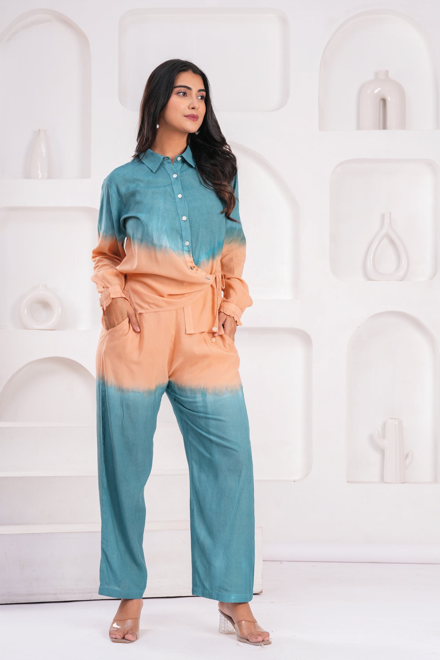 Peach & Teal Ombre Co-ord Set – Modal Fabric with Full Sleeves and Waist Tie Detail