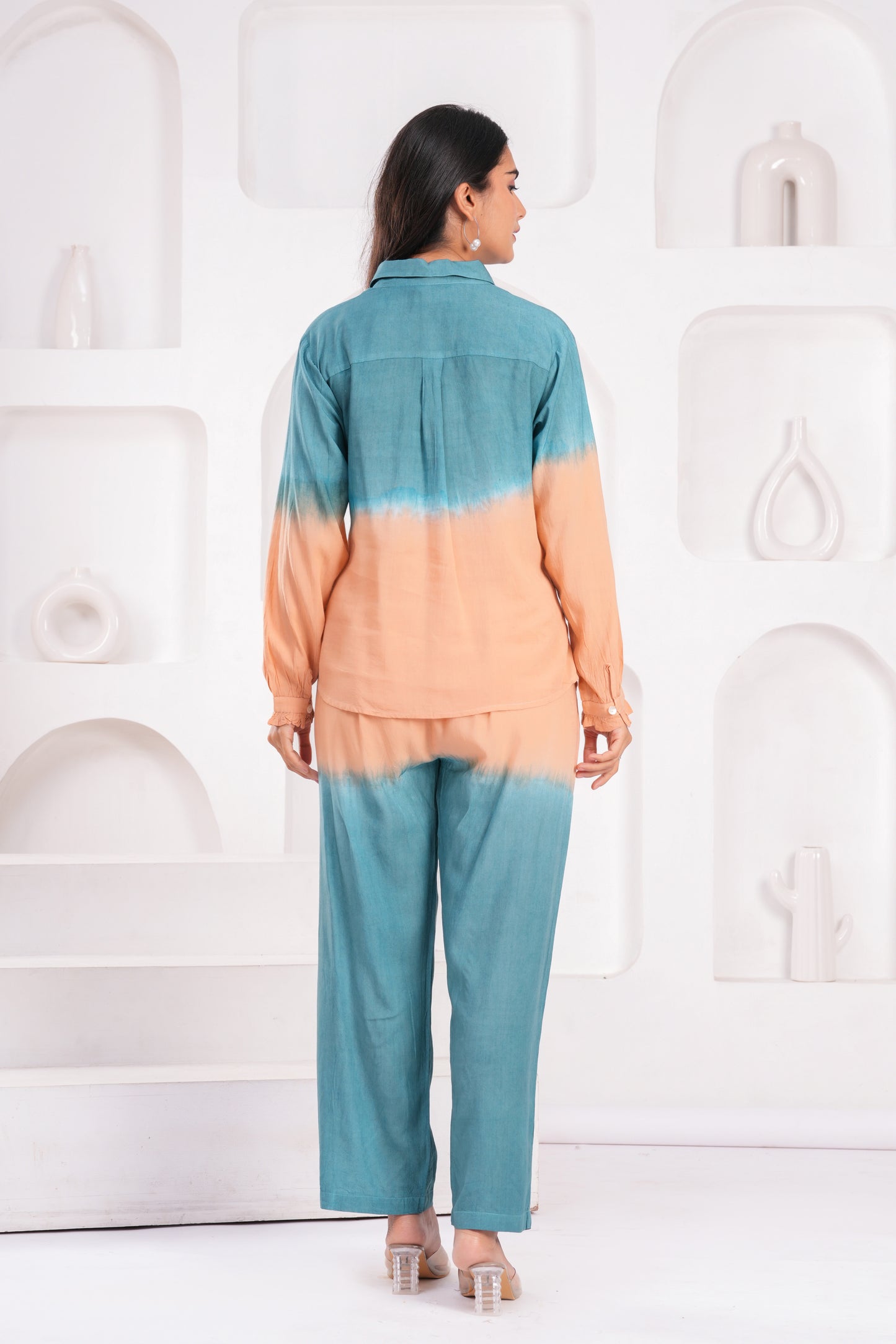 Peach & Teal Ombre Co-ord Set – Modal Fabric with Full Sleeves and Waist Tie Detail