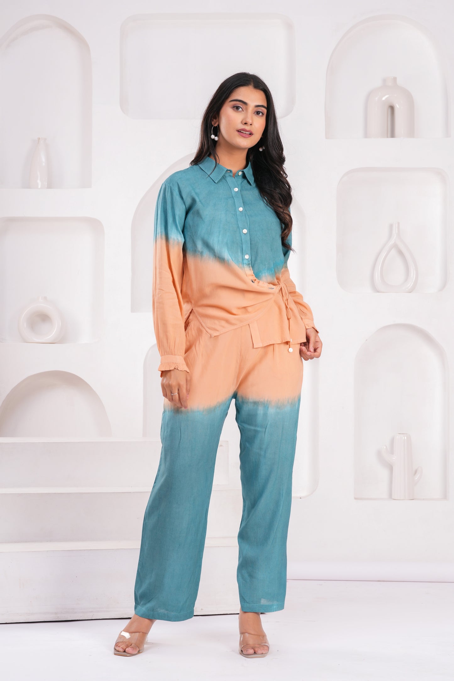 Peach & Teal Ombre Co-ord Set – Modal Fabric with Full Sleeves and Waist Tie Detail