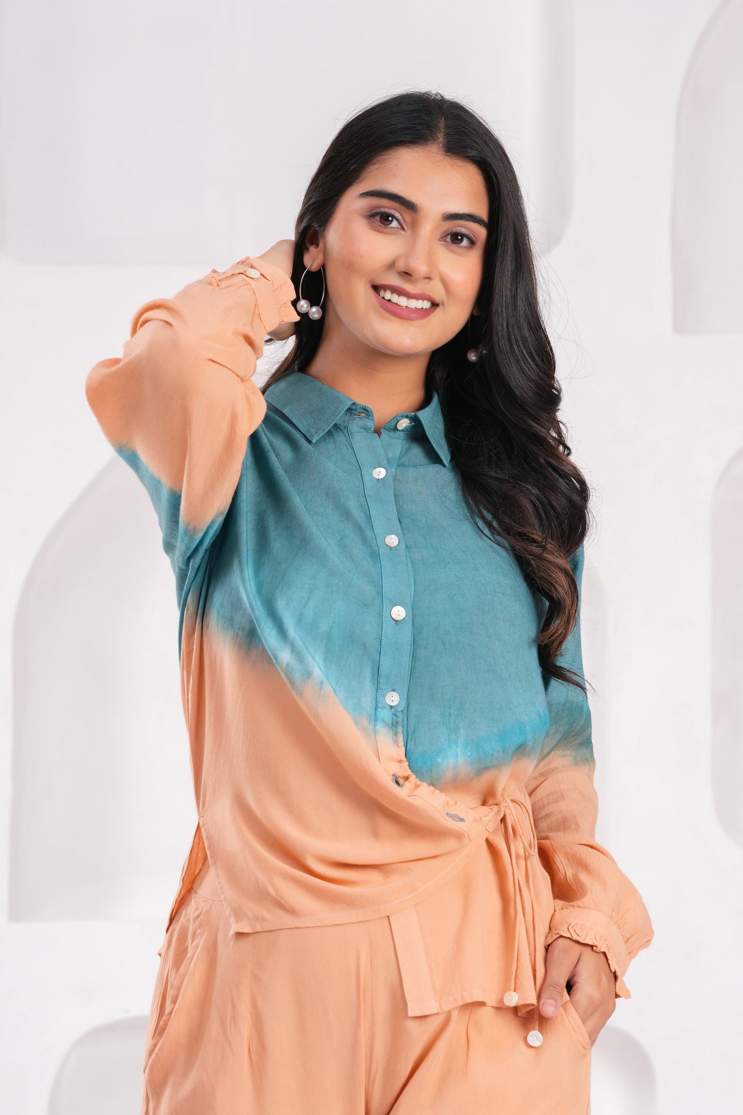 Peach & Teal Ombre Co-ord Set – Modal Fabric with Full Sleeves and Waist Tie Detail