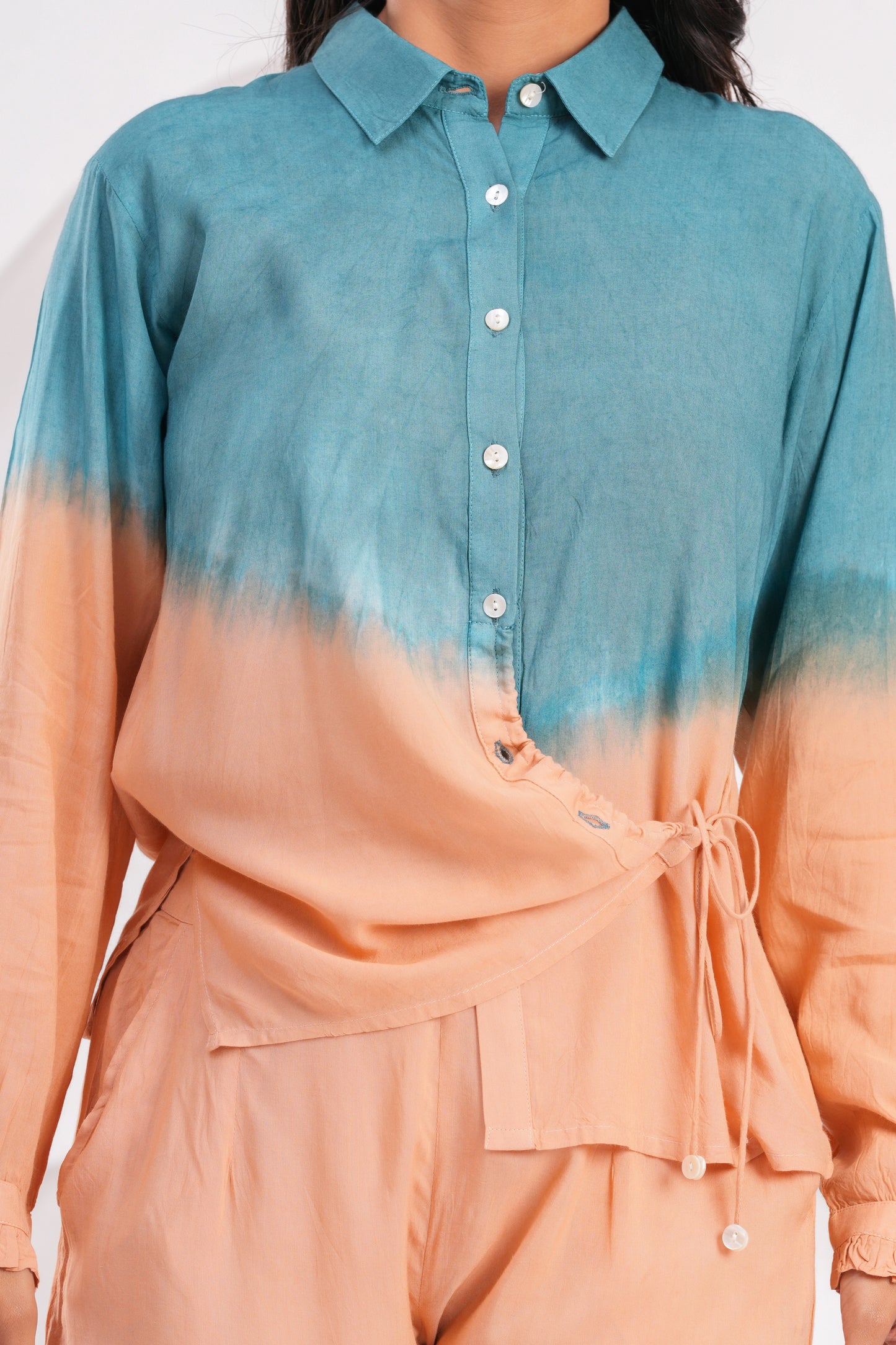 Peach & Teal Ombre Co-ord Set – Modal Fabric with Full Sleeves and Waist Tie Detail