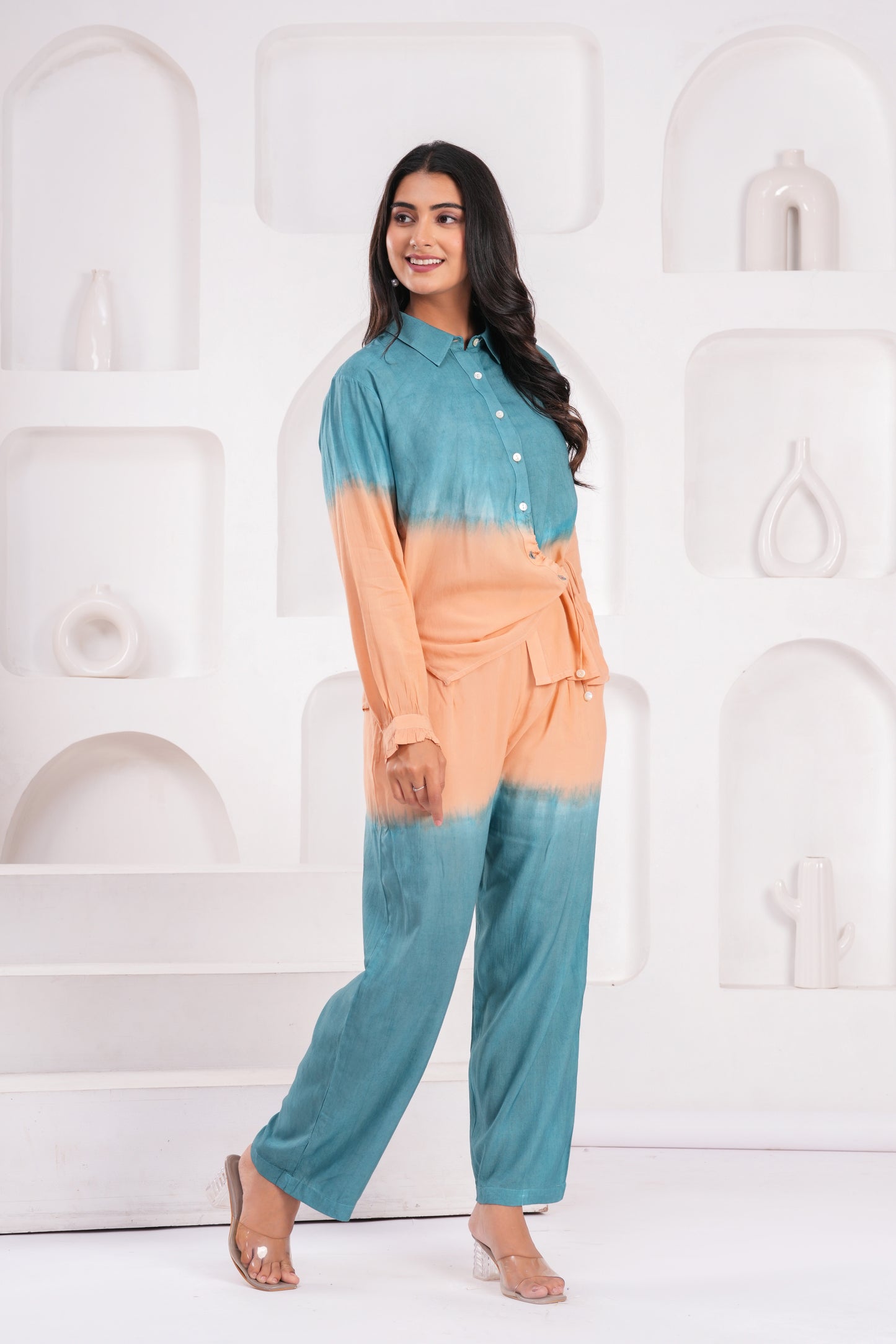 Peach & Teal Ombre Co-ord Set – Modal Fabric with Full Sleeves and Waist Tie Detail