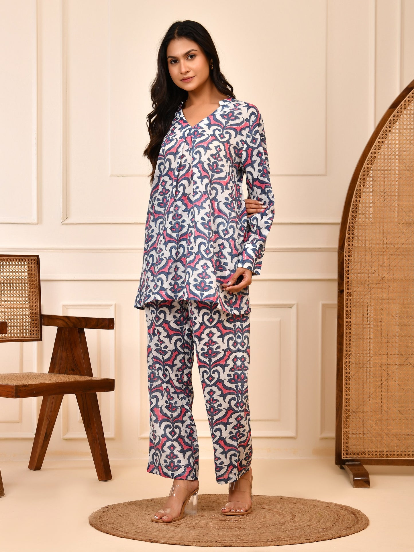 Hand Block Print Cotton Co-ord Set | V-Neck Tunic & Trouser Loungewear
