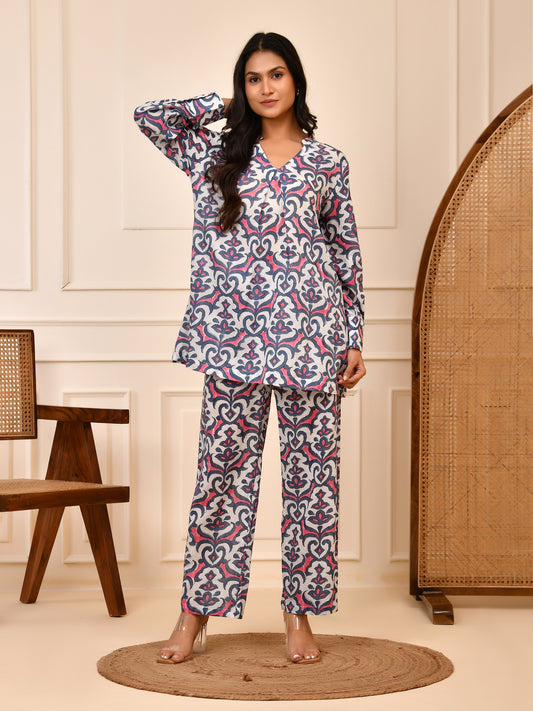 Hand Block Print Cotton Co-ord Set | V-Neck Tunic & Trouser Loungewear