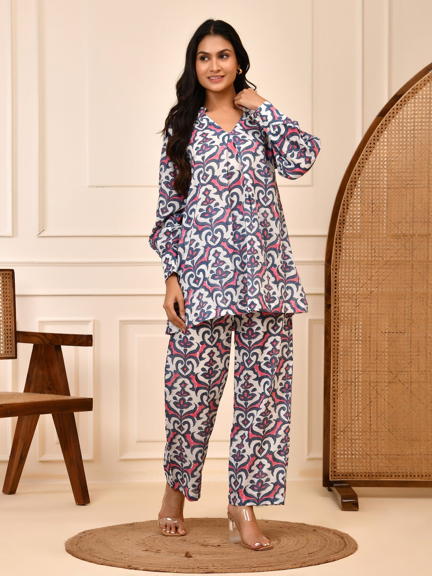 Hand Block Print Cotton Co-ord Set | V-Neck Tunic & Trouser Loungewear