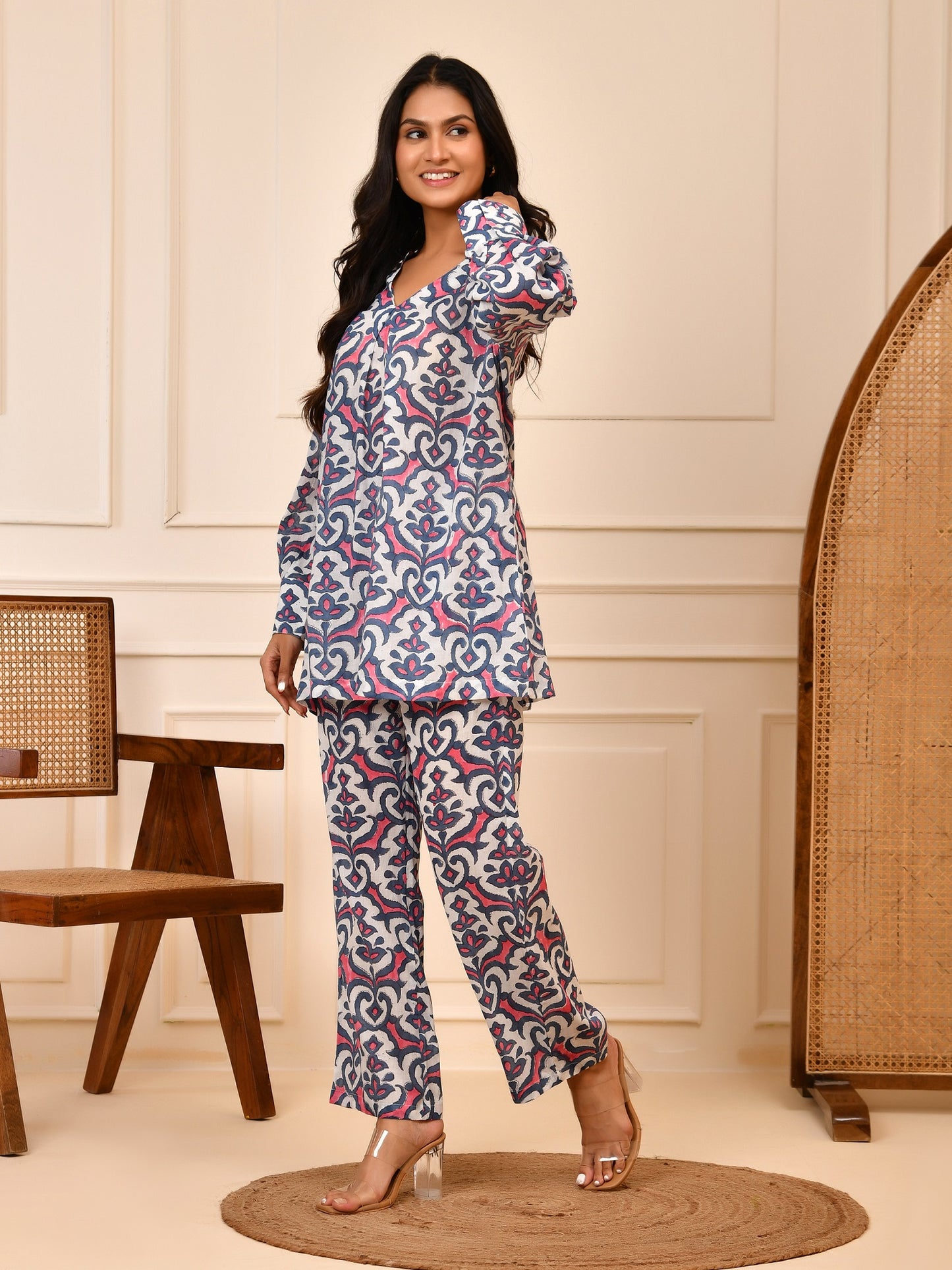 Hand Block Print Cotton Co-ord Set | V-Neck Tunic & Trouser Loungewear