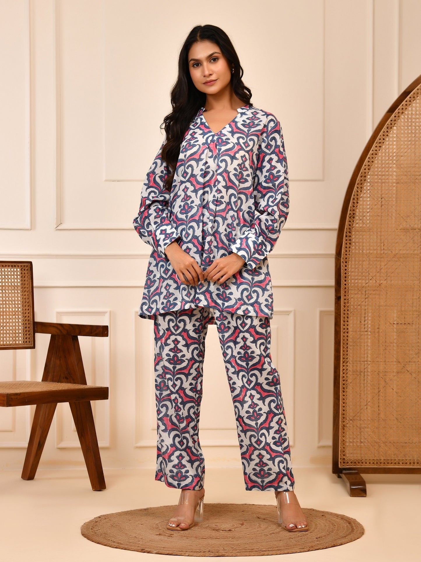 Hand Block Print Cotton Co-ord Set | V-Neck Tunic & Trouser Loungewear