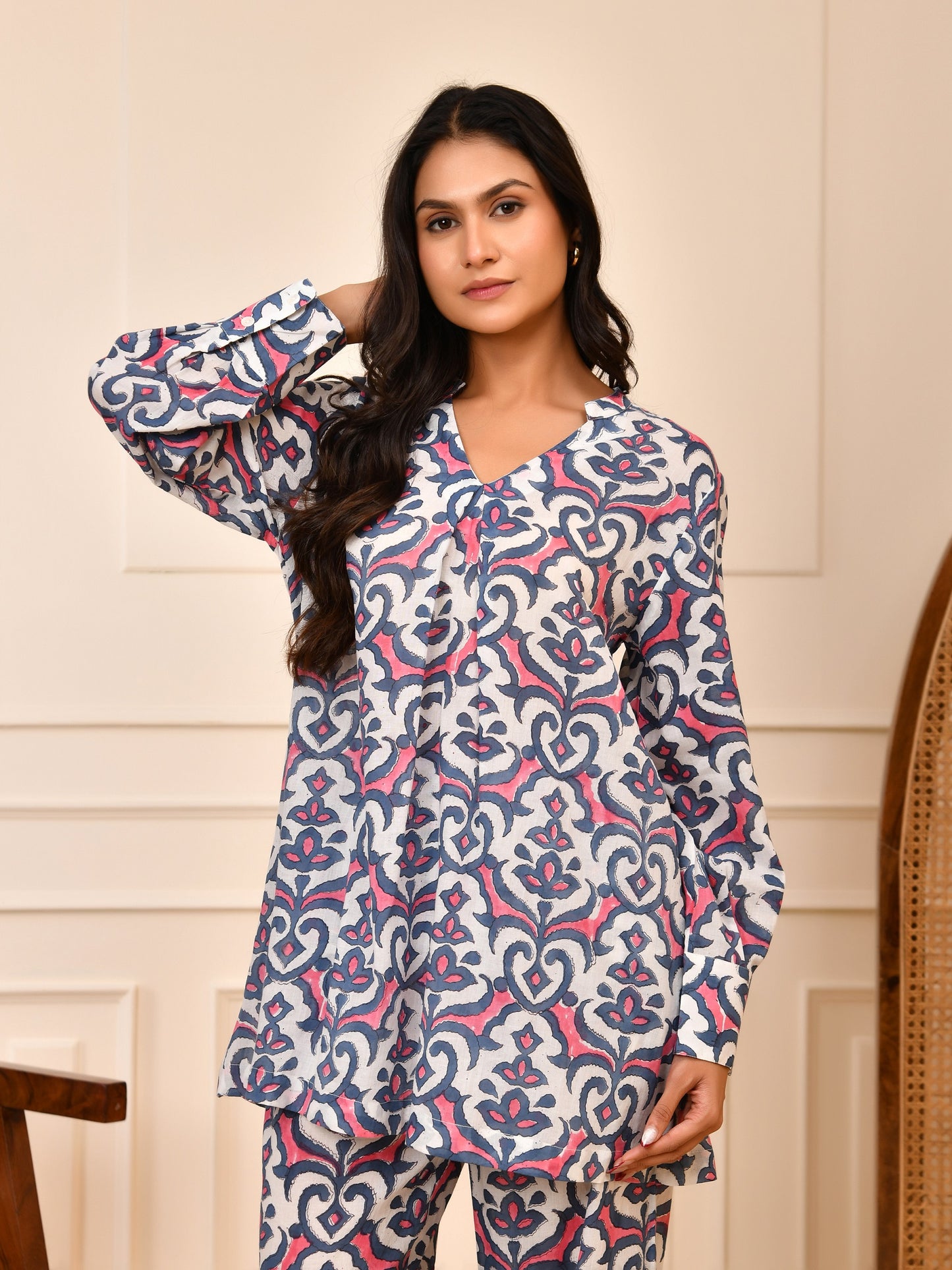 Hand Block Print Cotton Co-ord Set | V-Neck Tunic & Trouser Loungewear