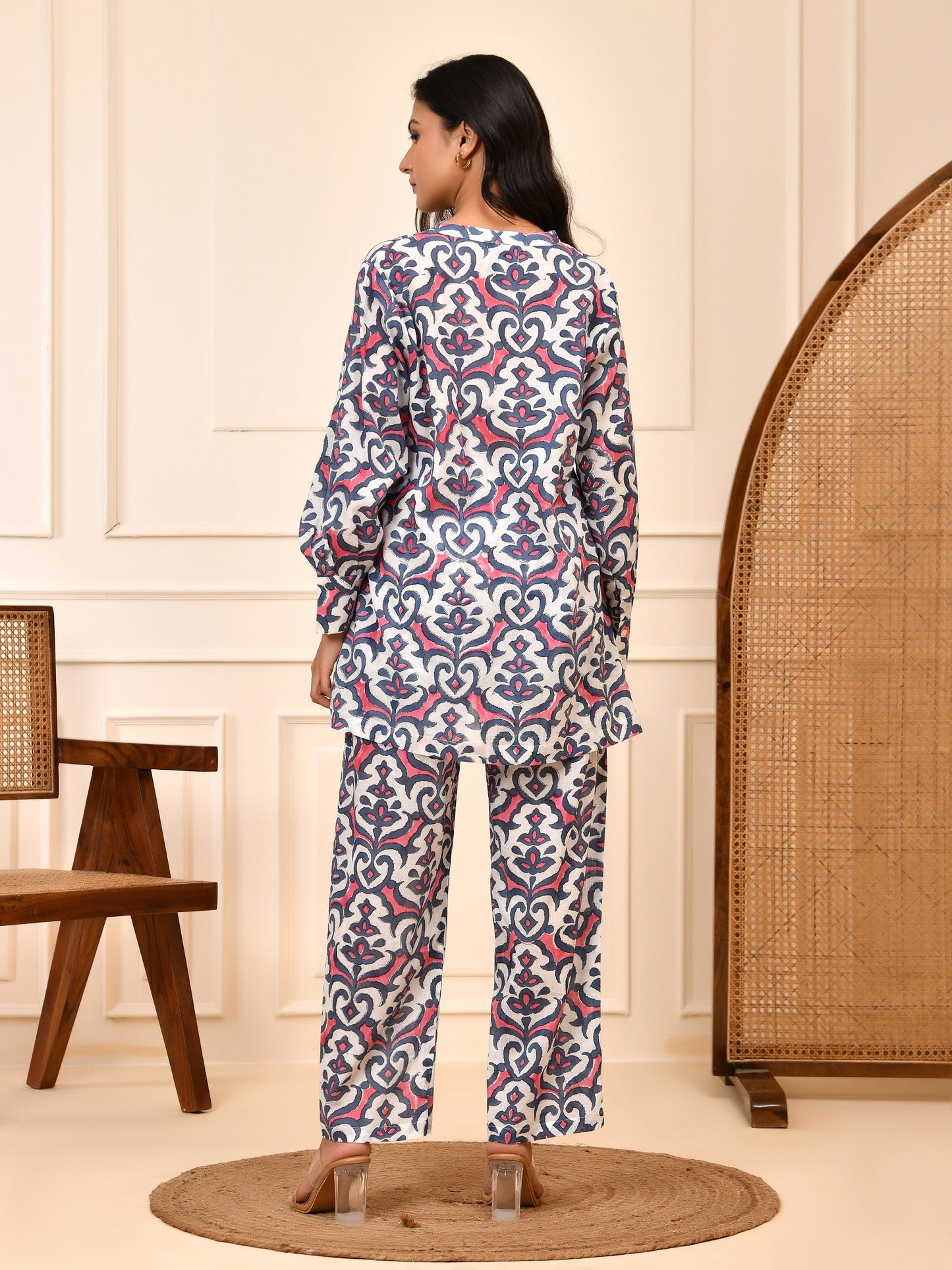 Hand Block Print Cotton Co-ord Set | V-Neck Tunic & Trouser Loungewear