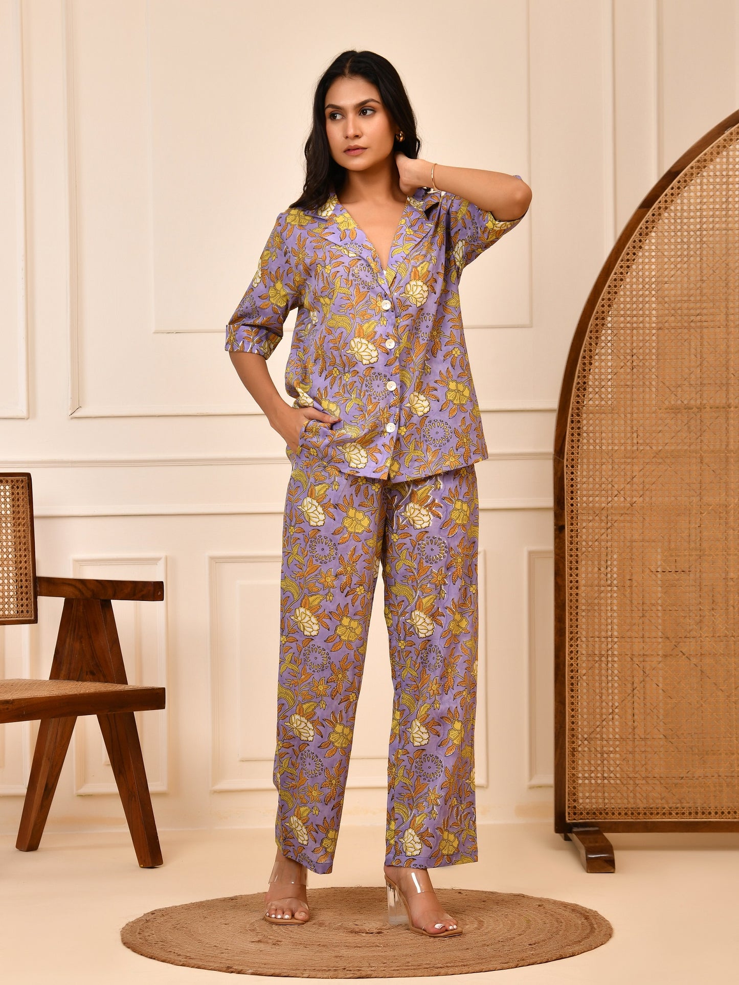 Hand Block Pastel Floral Print Cotton Short Sleeve Co-ord Set