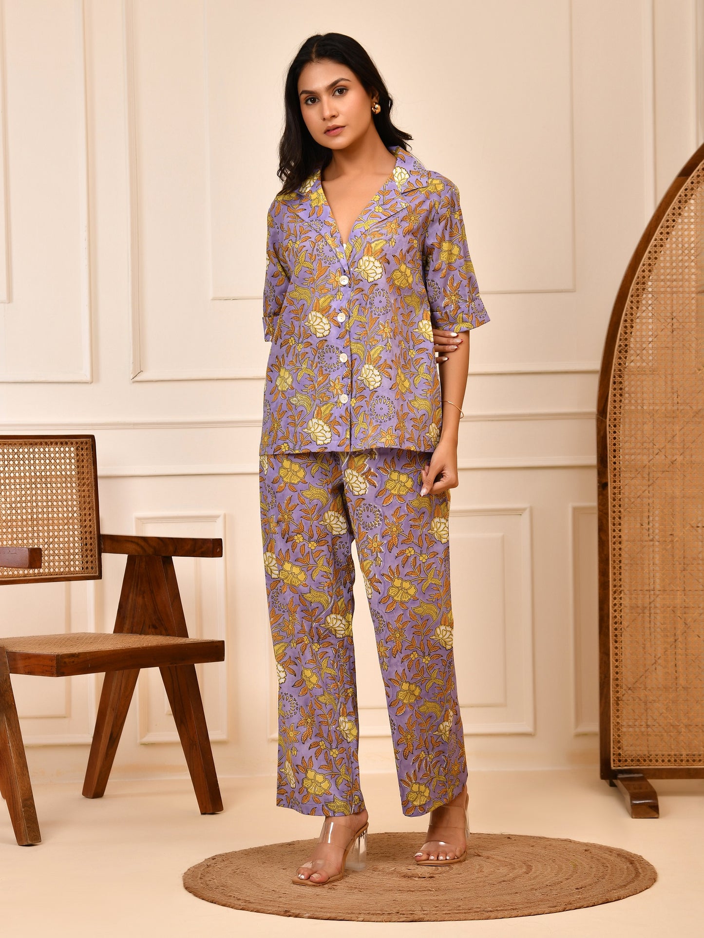 Hand Block Pastel Floral Print Cotton Short Sleeve Co-ord Set