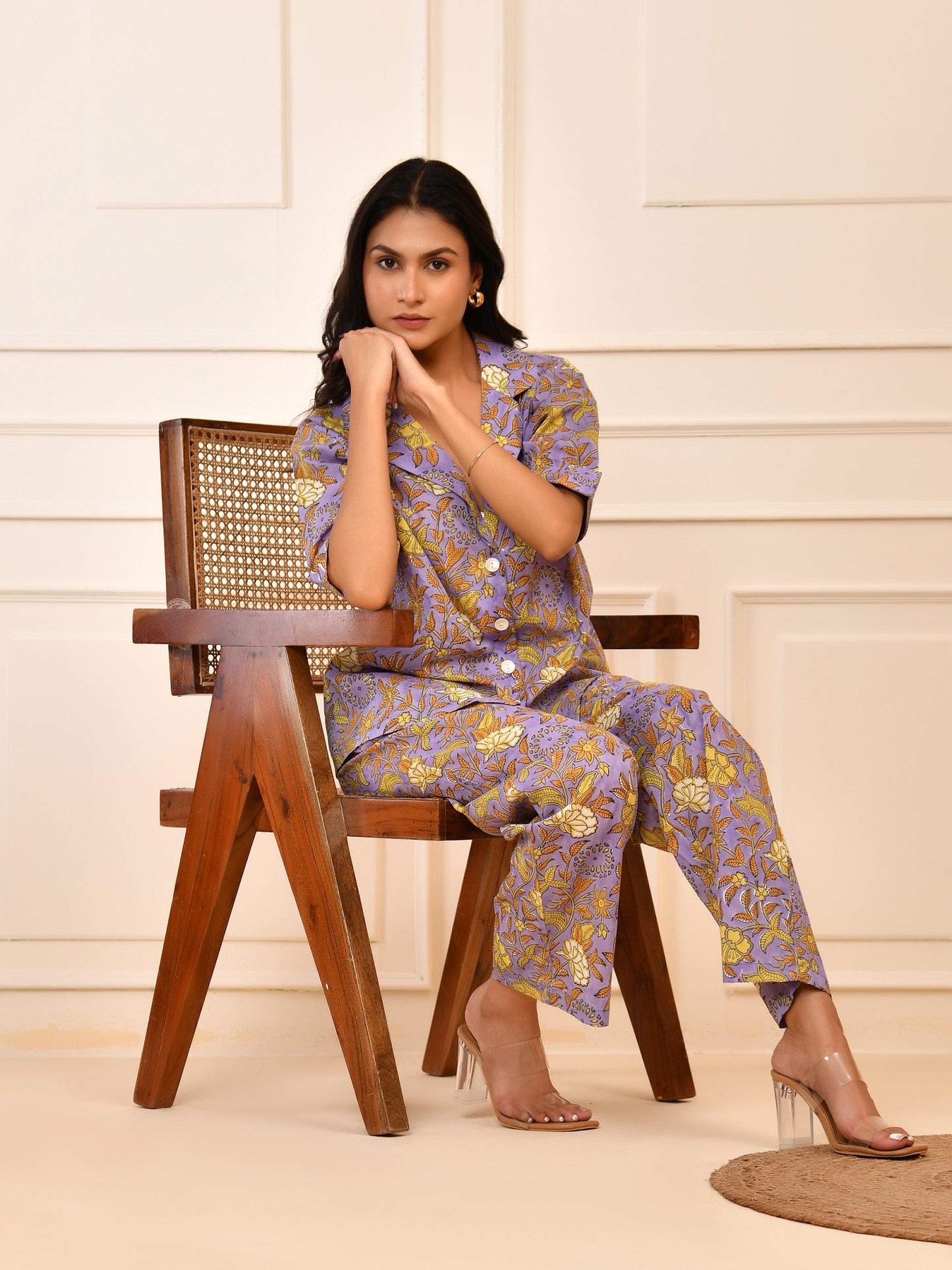 Hand Block Pastel Floral Print Cotton Short Sleeve Co-ord Set