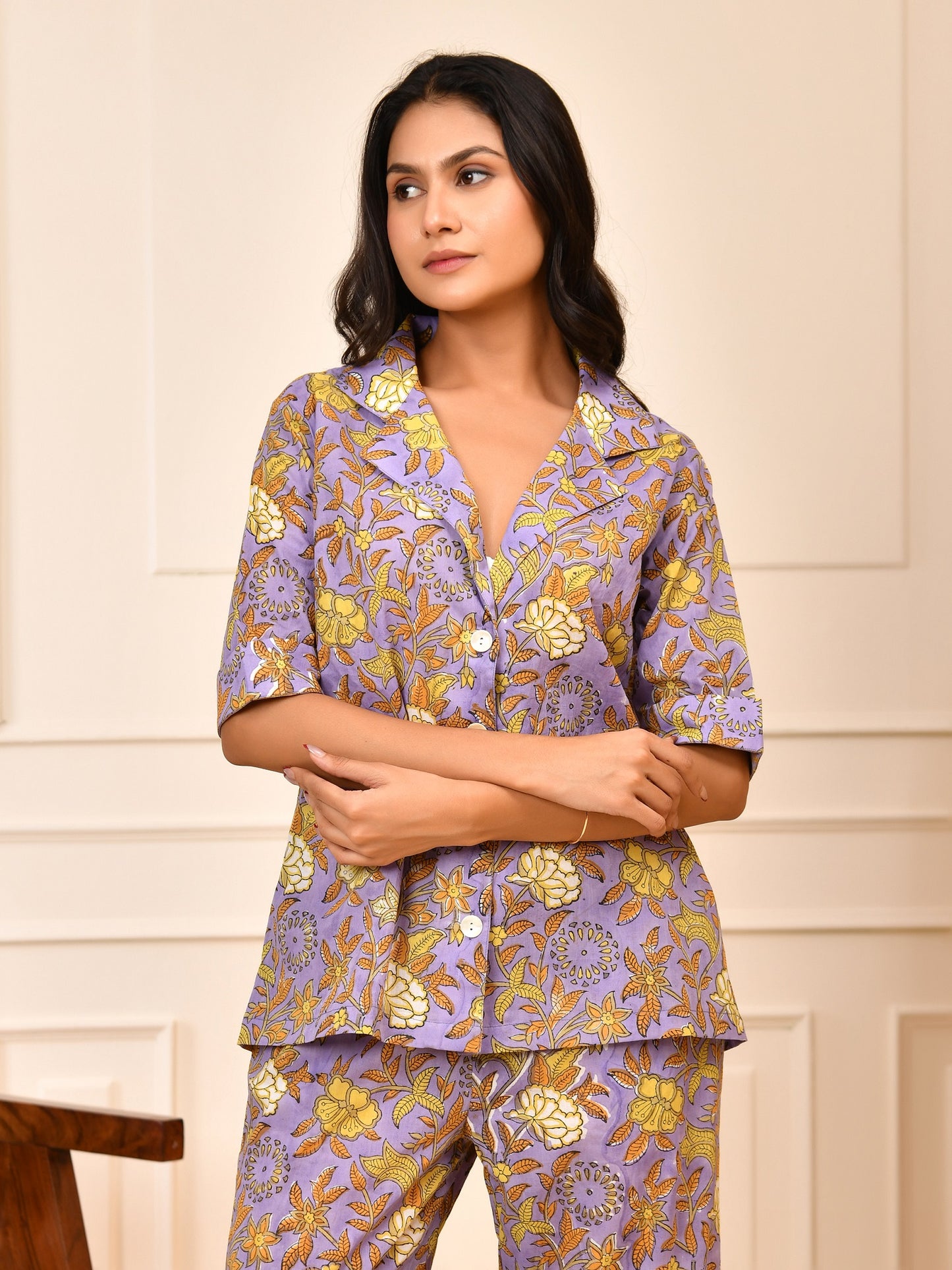 Hand Block Pastel Floral Print Cotton Short Sleeve Co-ord Set