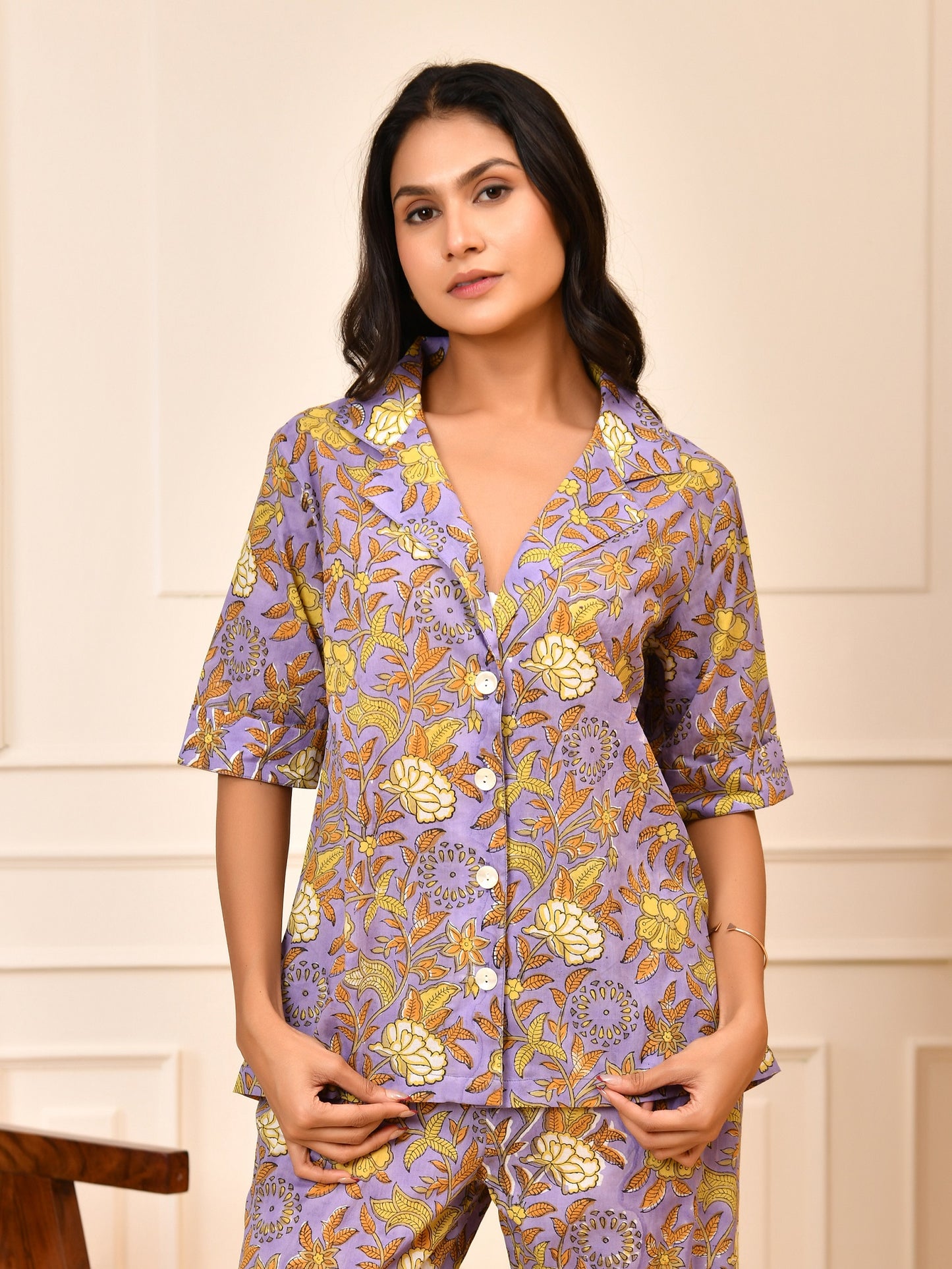 Hand Block Pastel Floral Print Cotton Short Sleeve Co-ord Set